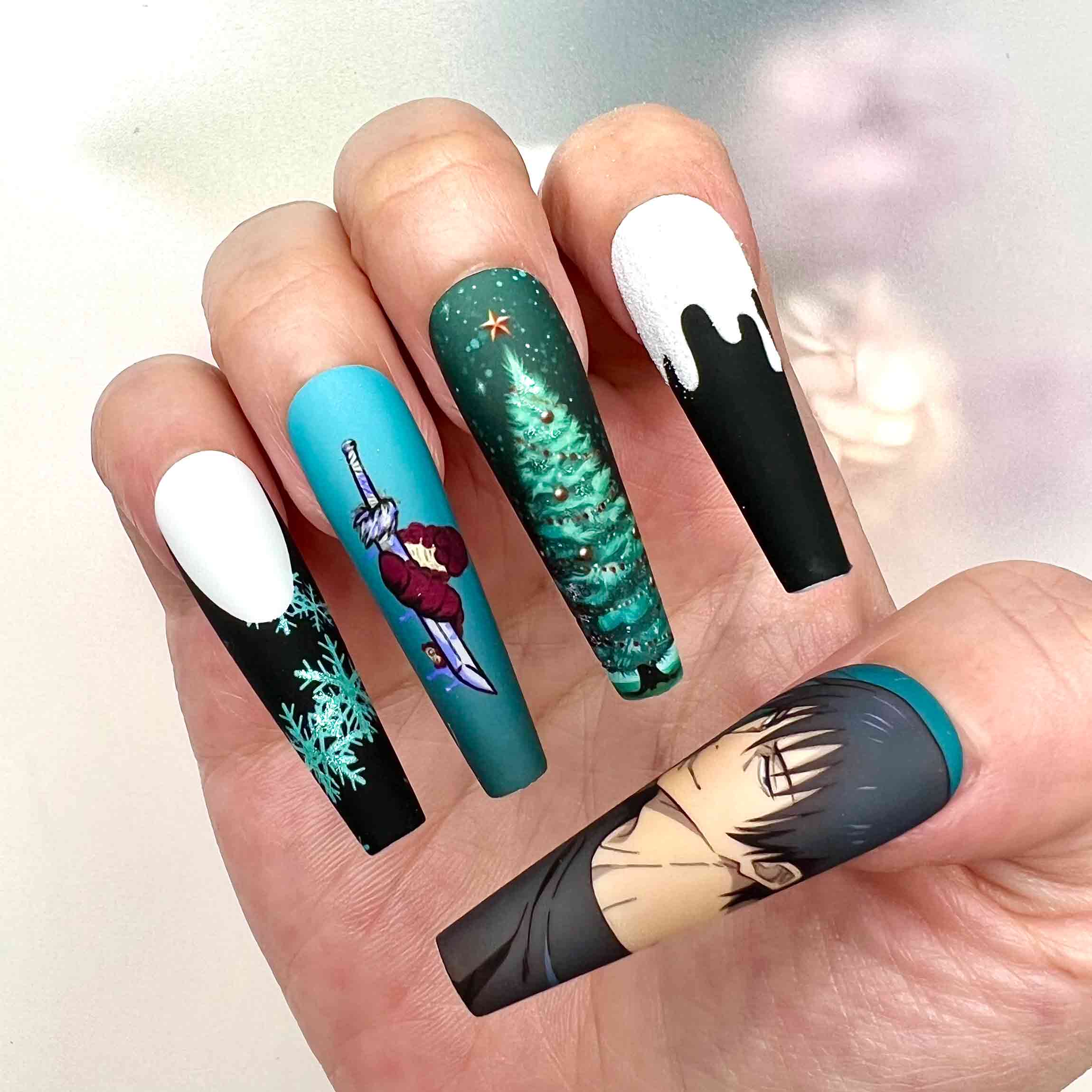 Toji Fushiguro Christmas Nails – JJK Press-On Set, Holiday Sweater Green &amp; Black Anime Design | Dragonnail