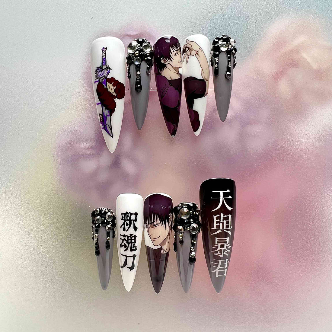 Toji Fushiguro Nails – Jujutsu Kaisen JJK Press-On Set, 3D Black Gem &amp; Cursed Tool Anime Design | Dragonnail