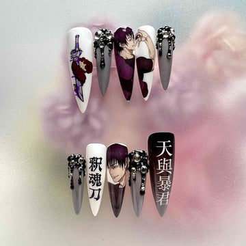 Toji Fushiguro Nails – Jujutsu Kaisen JJK Press-On Set, 3D Black Gem &amp; Cursed Tool Anime Design | Dragonnail