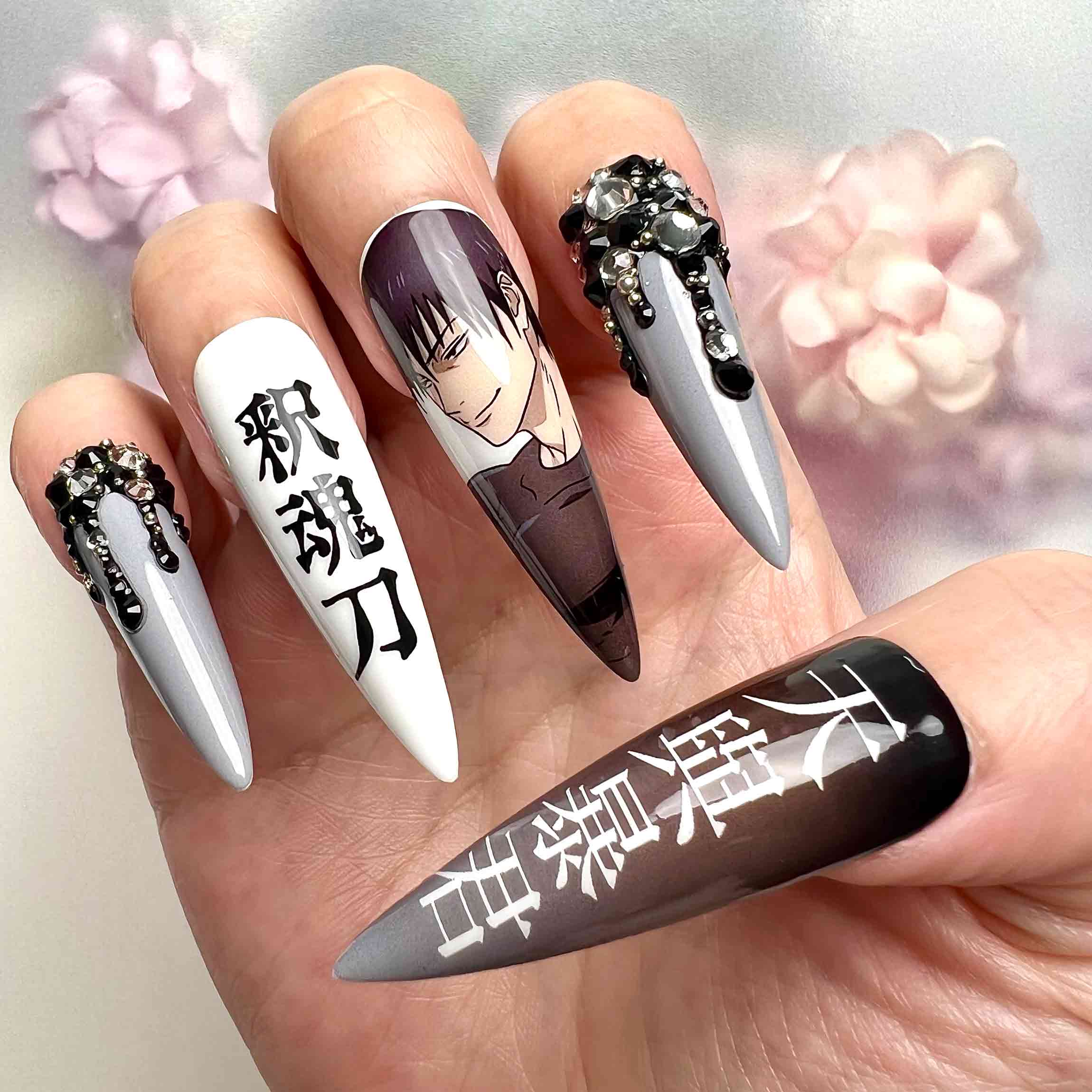 Toji Fushiguro Nails – Jujutsu Kaisen JJK Press-On Set, 3D Black Gem &amp; Cursed Tool Anime Design | Dragonnail