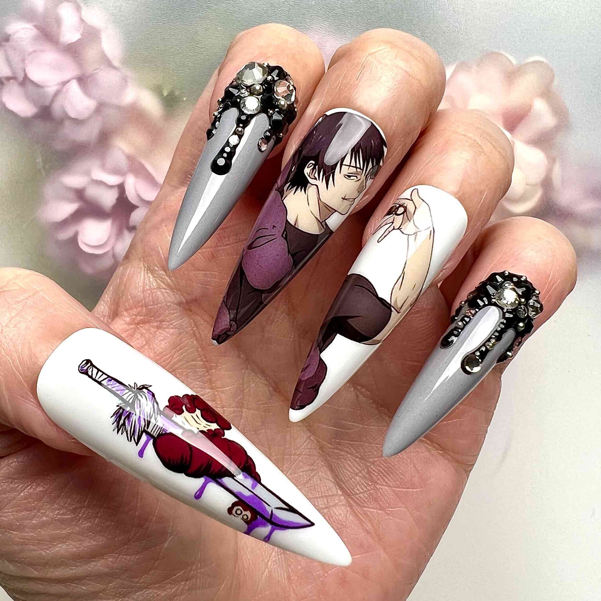 Toji Fushiguro Nails – Jujutsu Kaisen JJK Press-On Set, 3D Black Gem &amp; Cursed Tool Anime Design | Dragonnail