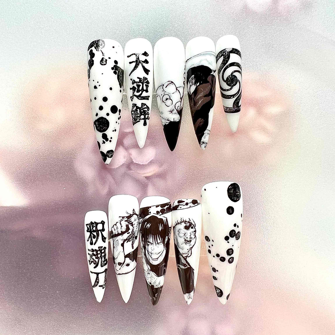 Toji Fushiguro Nails – Jujutsu Kaisen JJK Press-On Set, Monochrome Manga Art &amp; Cursed Tool Design | Dragonnail