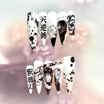 Toji Fushiguro Nails – Jujutsu Kaisen JJK Press-On Set, Monochrome Manga Art &amp; Cursed Tool Design | Dragonnail