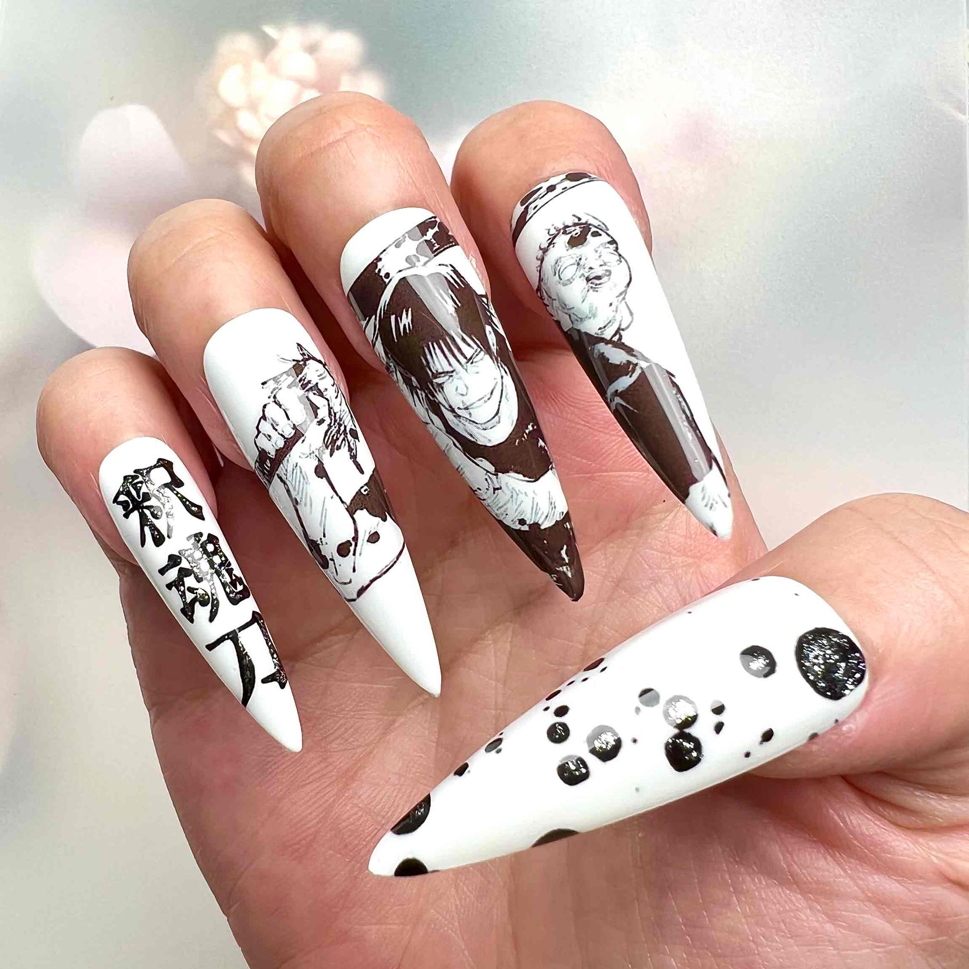 Toji Fushiguro Nails – Jujutsu Kaisen JJK Press-On Set, Monochrome Manga Art &amp; Cursed Tool Design | Dragonnail