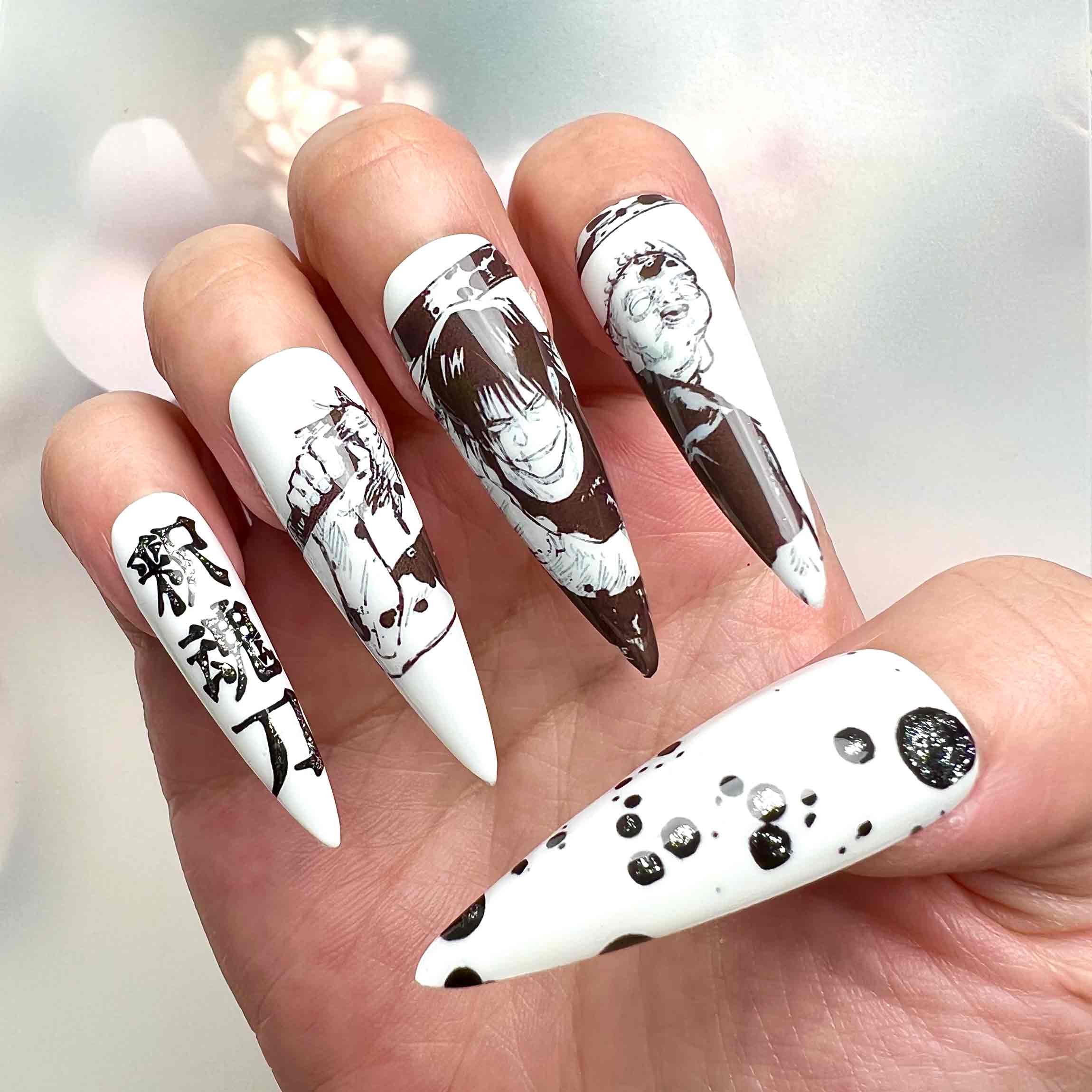 Toji Fushiguro Nails – Jujutsu Kaisen JJK Press-On Set, Monochrome Manga Art &amp; Cursed Tool Design | Dragonnail