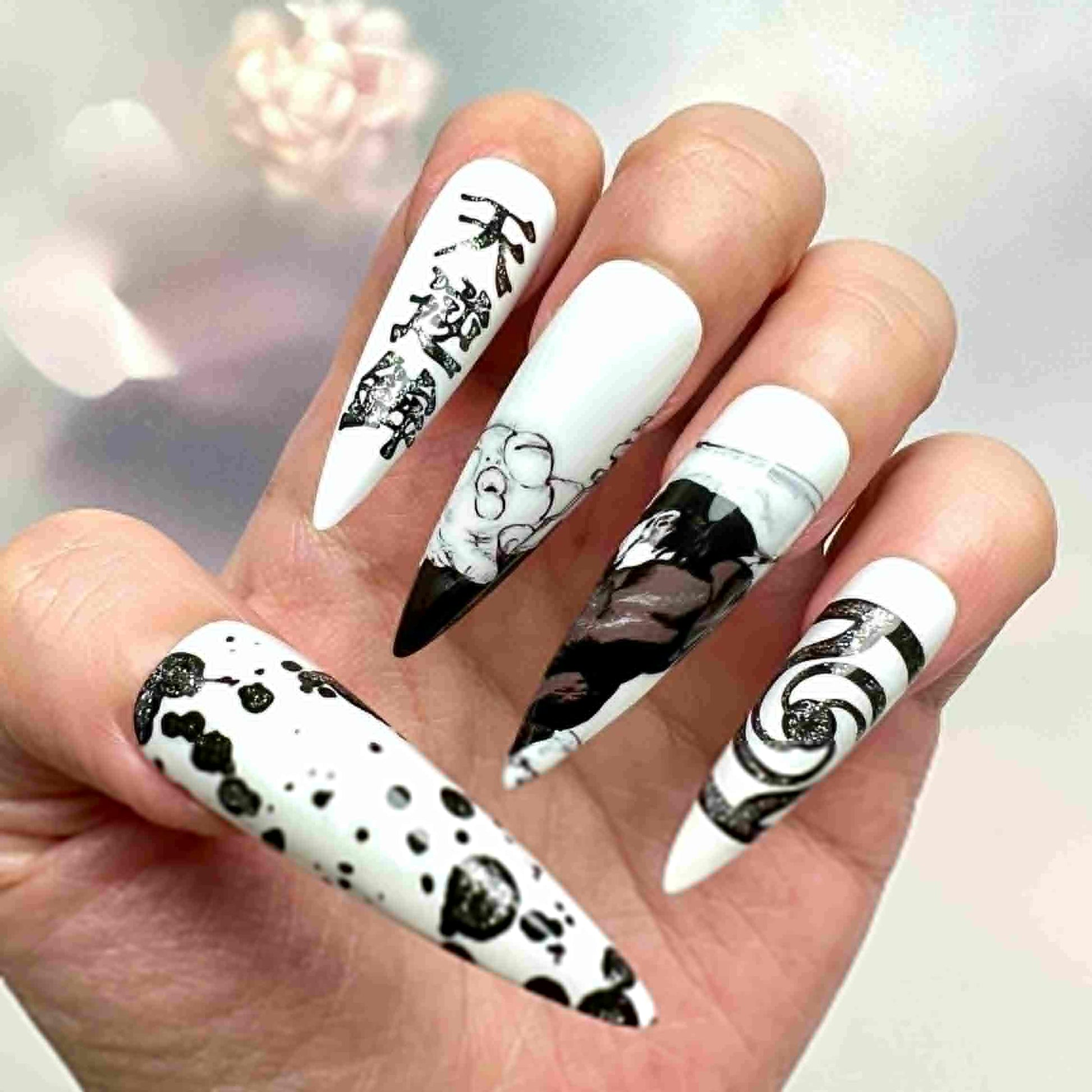 Toji Fushiguro Nails – Jujutsu Kaisen JJK Press-On Set, Monochrome Manga Art &amp; Cursed Tool Design | Dragonnail