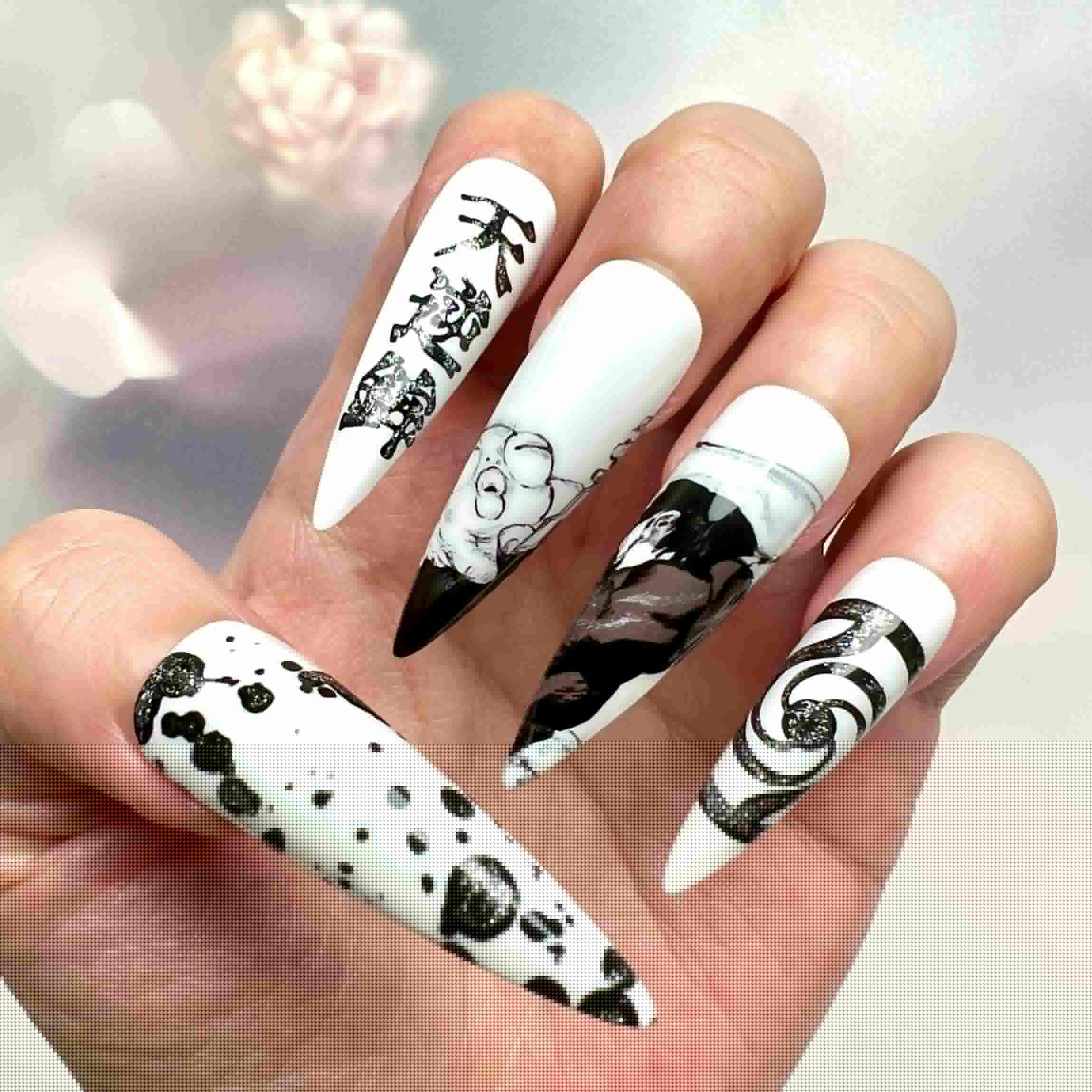 Toji Fushiguro Nails – Jujutsu Kaisen JJK Press-On Set, Monochrome Manga Art &amp; Cursed Tool Design | Dragonnail