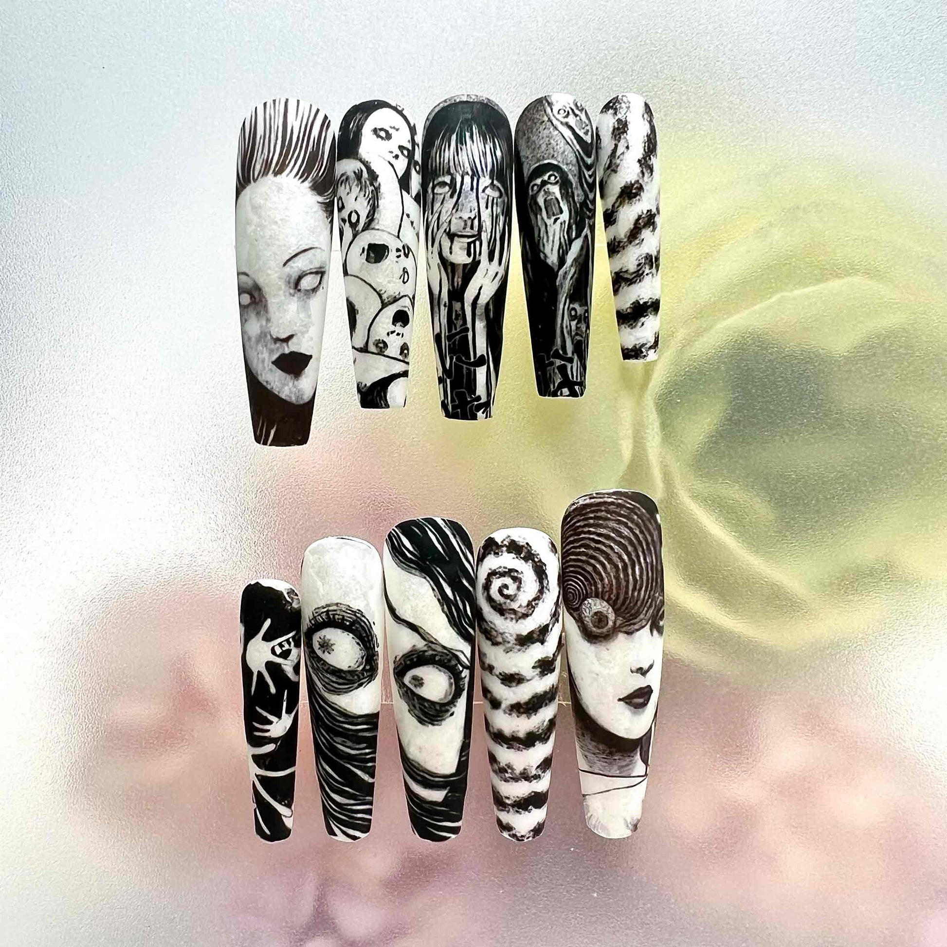 Junji Ito Nails – Horror Manga Press-On Nail Set, Uzumaki &amp; Tomie Edition | Dragonnail