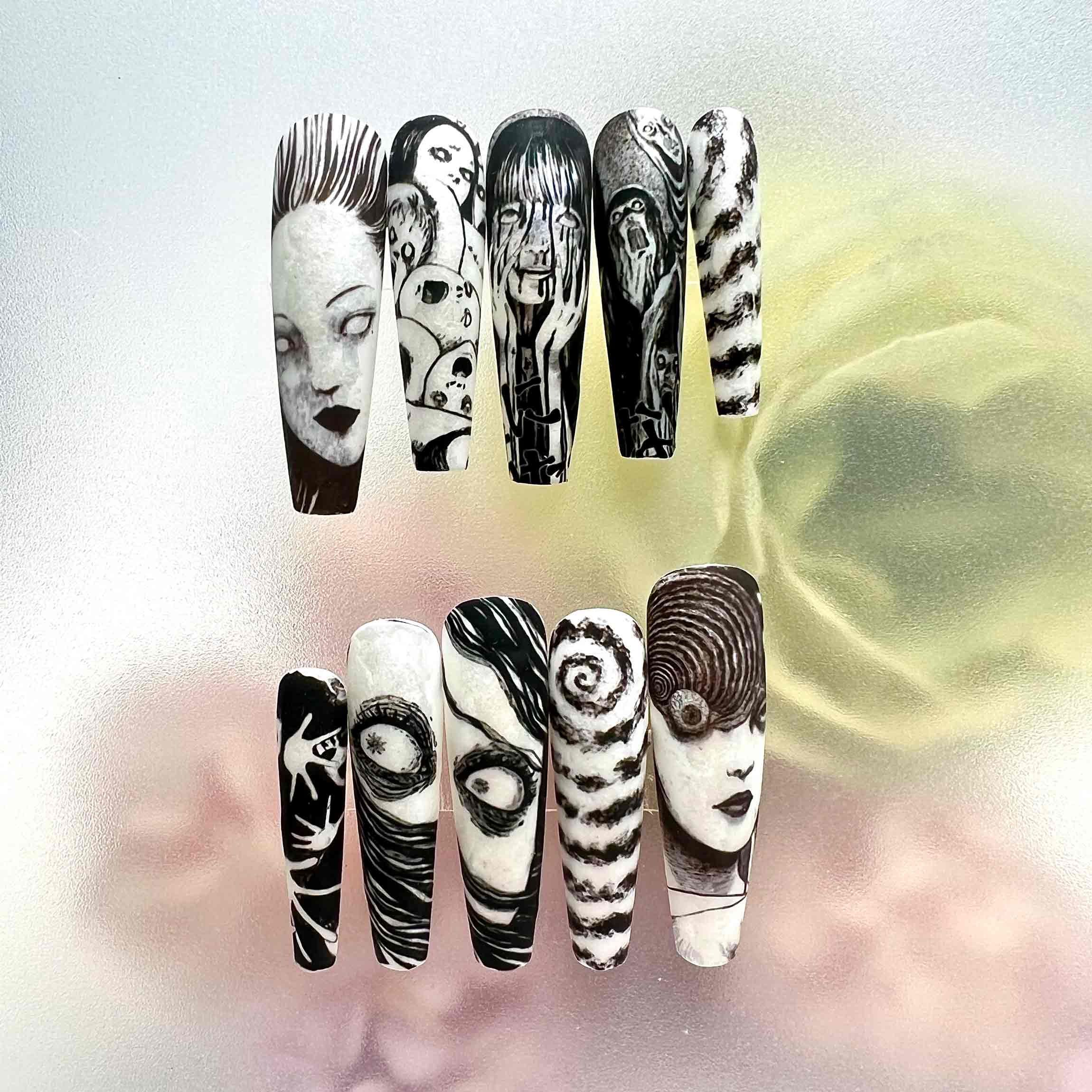 Junji Ito Nails – Horror Manga Press-On Nail Set, Uzumaki &amp; Tomie Edition | Dragonnail