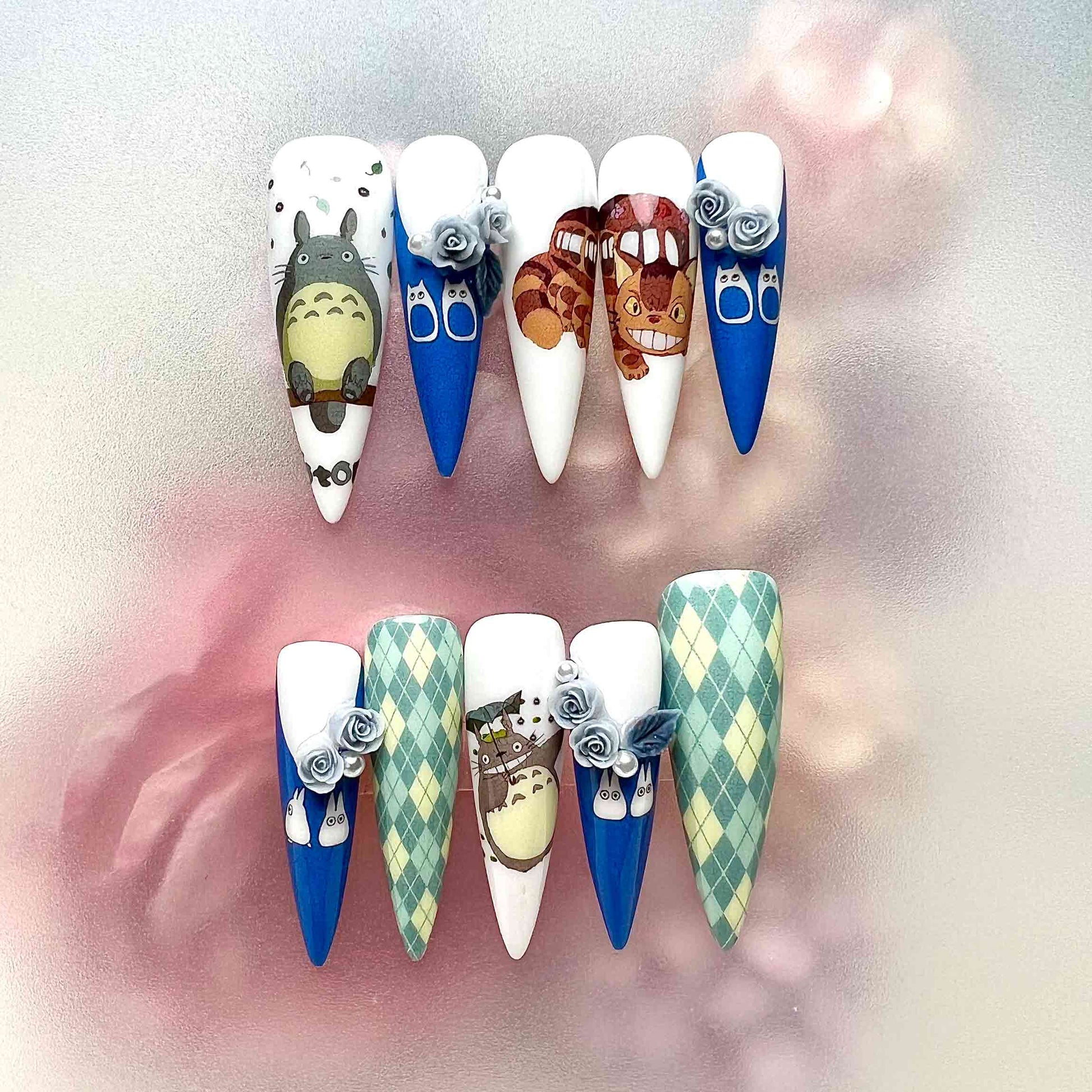 Totoro &amp; Catbus Nails – My Neighbor Totoro Press-On Set, 3D Rose &amp; Argyle Ghibli Design | Dragonnail