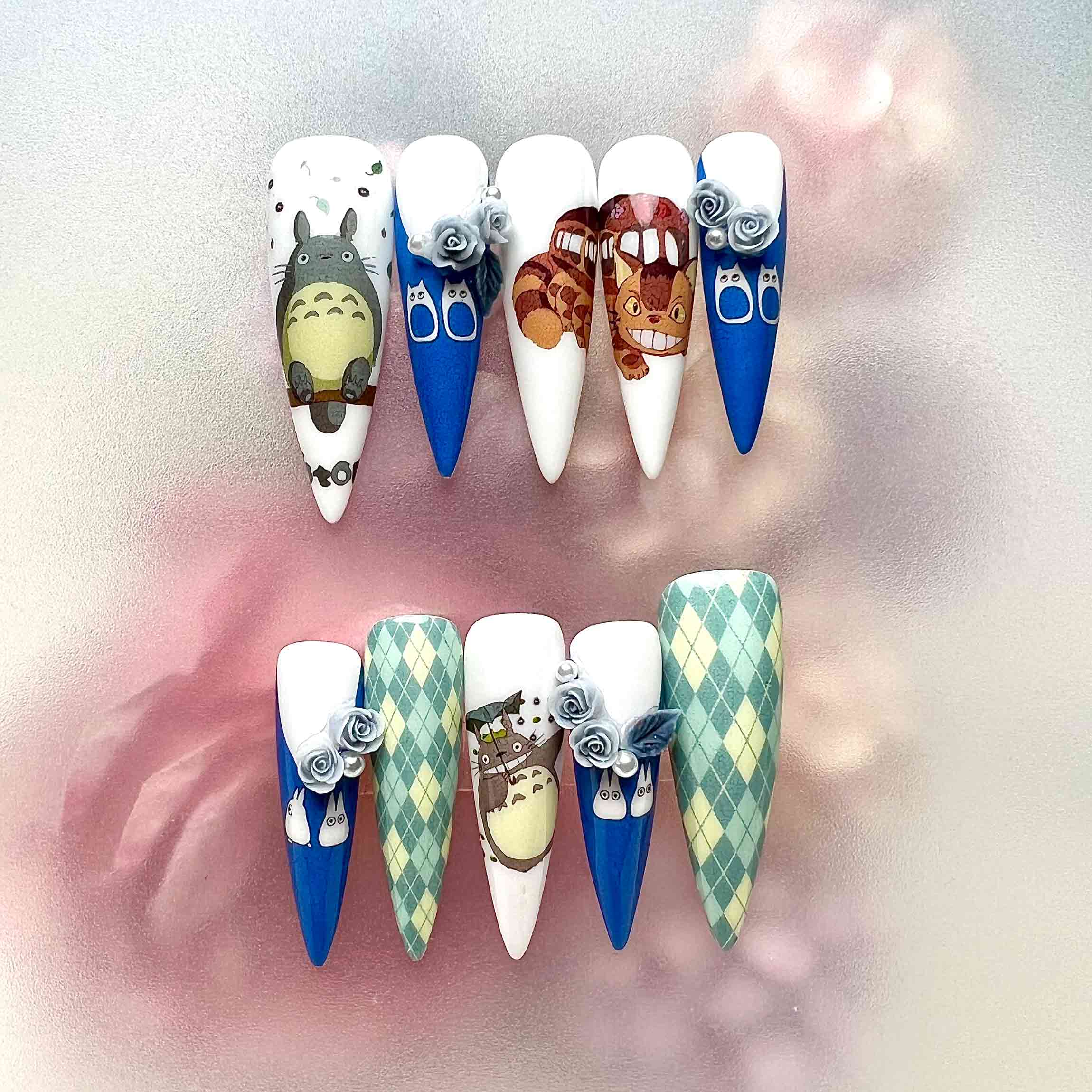 Totoro &amp; Catbus Nails – My Neighbor Totoro Press-On Set, 3D Rose &amp; Argyle Ghibli Design | Dragonnail