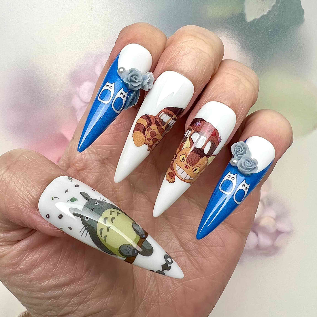 Totoro &amp; Catbus Nails – My Neighbor Totoro Press-On Set, 3D Rose &amp; Argyle Ghibli Design | Dragonnail