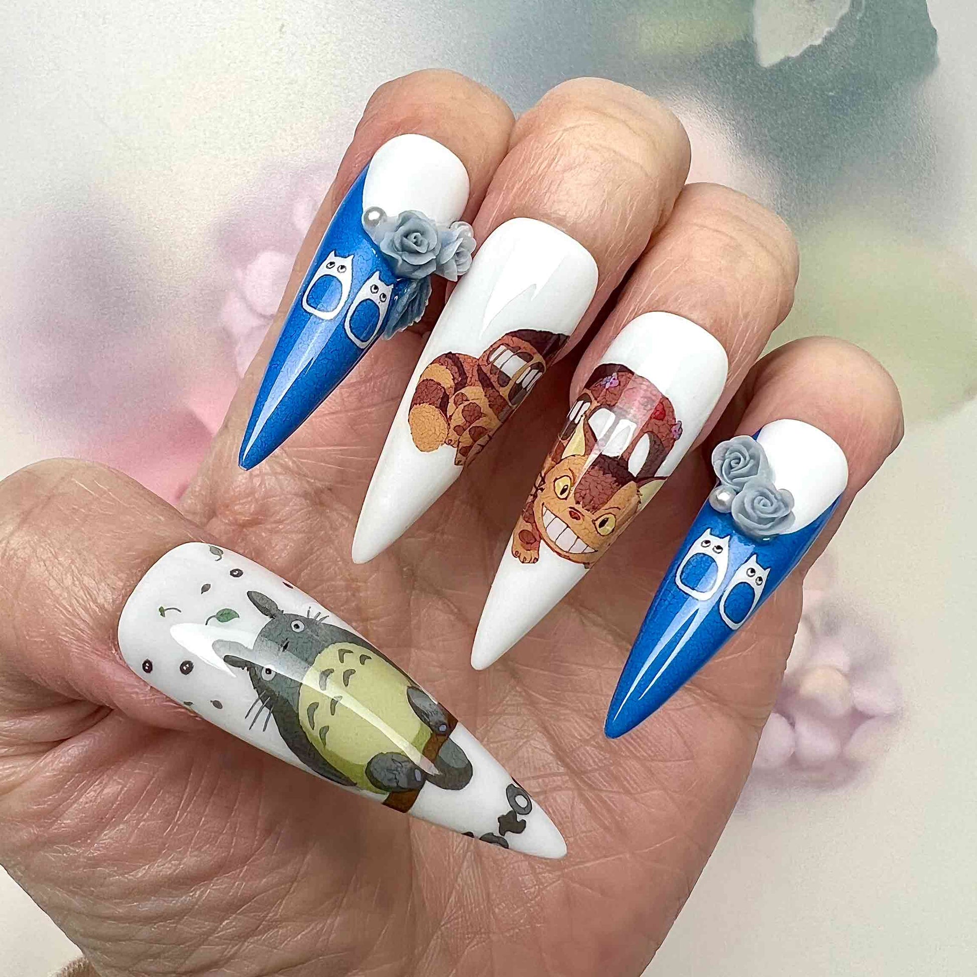 Totoro &amp; Catbus Nails – My Neighbor Totoro Press-On Set, 3D Rose &amp; Argyle Ghibli Design | Dragonnail