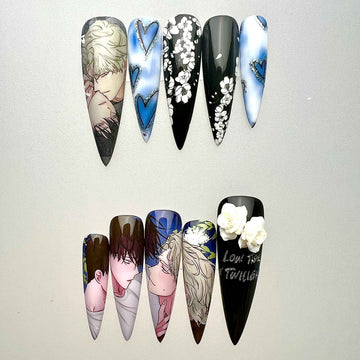 Low Tide in Twilight Nails – BL Manhwa Press-On Set, 3D Rose &amp; Blue Heart Anime Design | Dragonnail