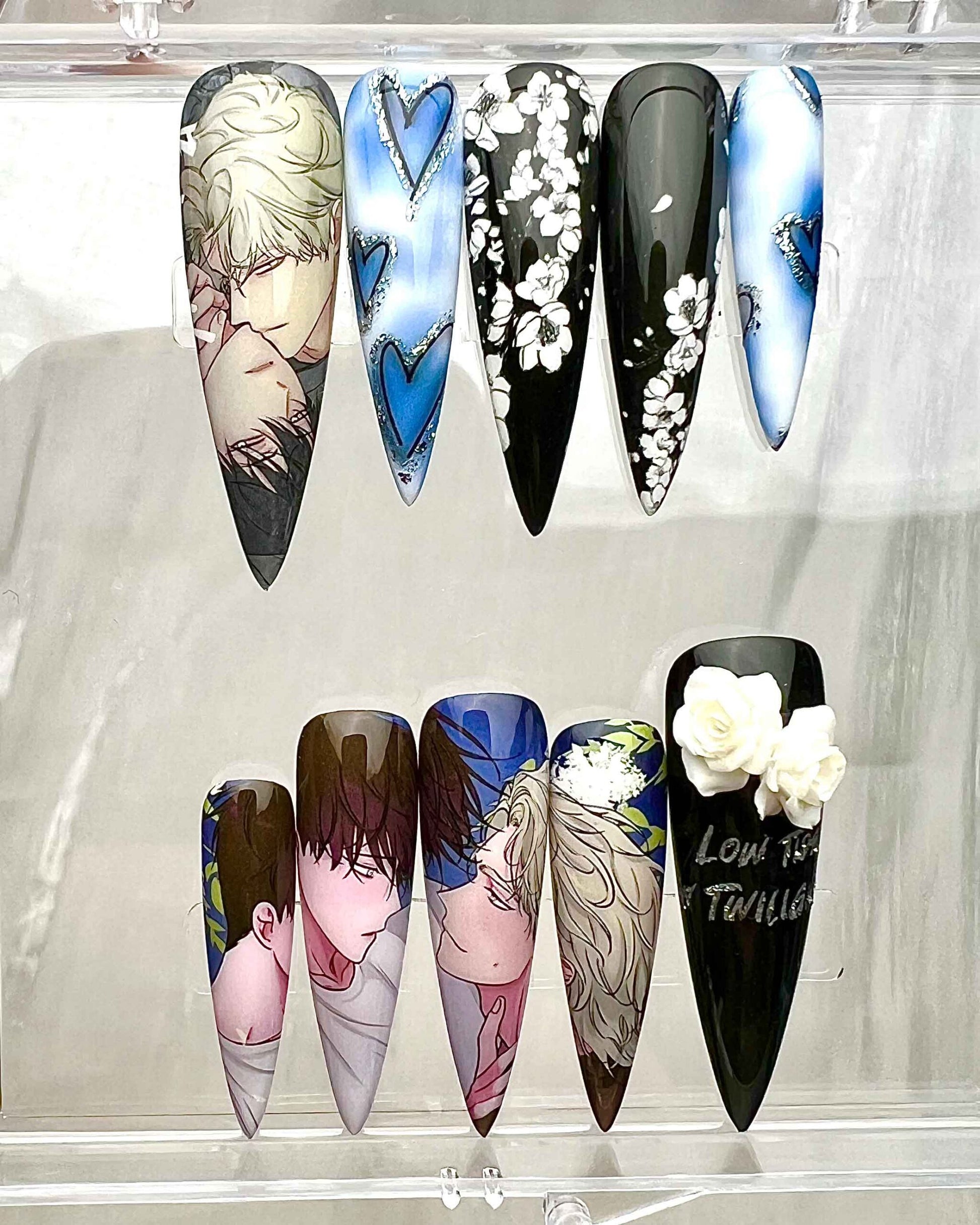 Low Tide in Twilight Nails – BL Manhwa Press-On Set, 3D Rose &amp; Blue Heart Anime Design | Dragonnail