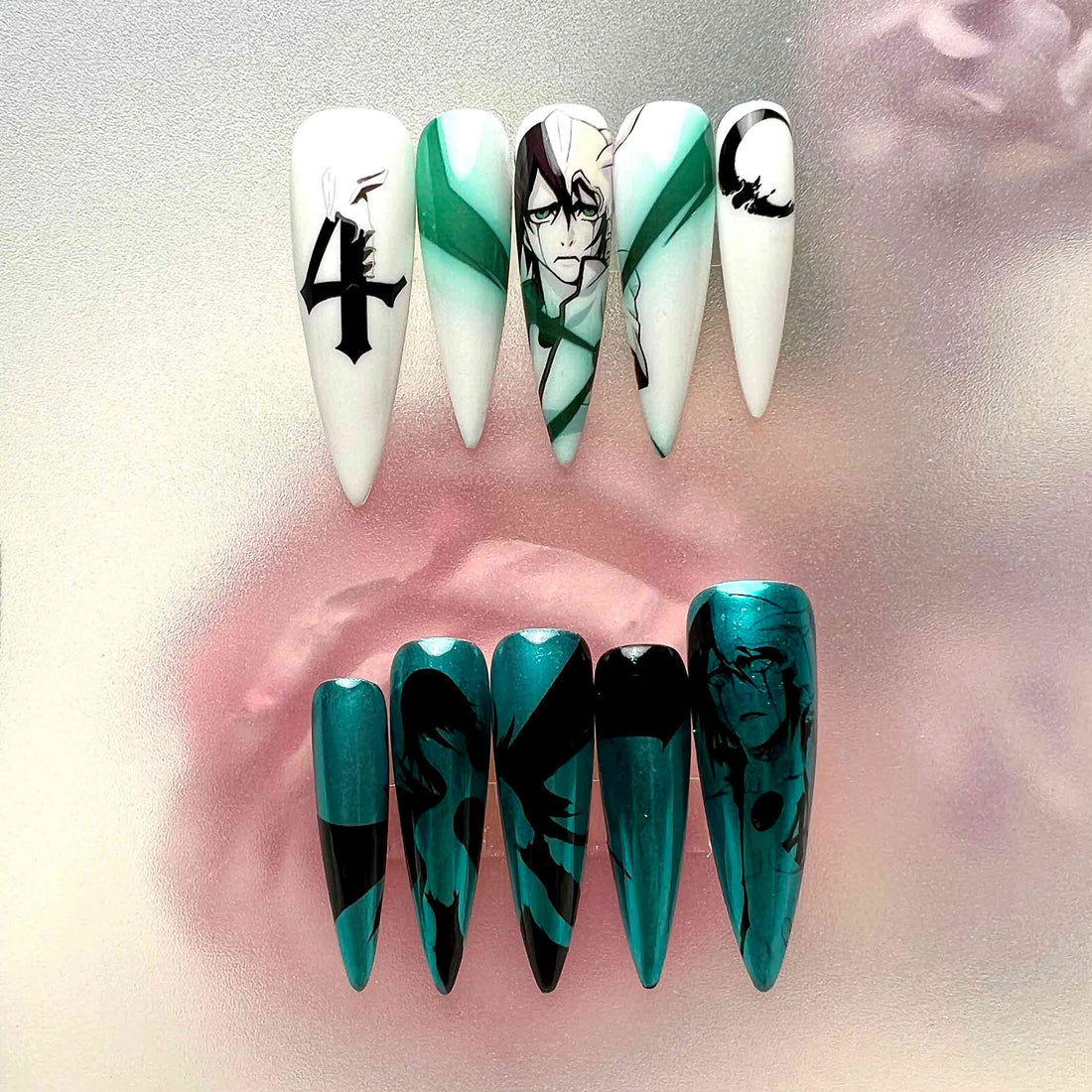 Ulquiorra Cifer Nails – Bleach Anime Press-On Set, Teal Chrome &amp; Espada 4 Gothic Design | Dragonnail