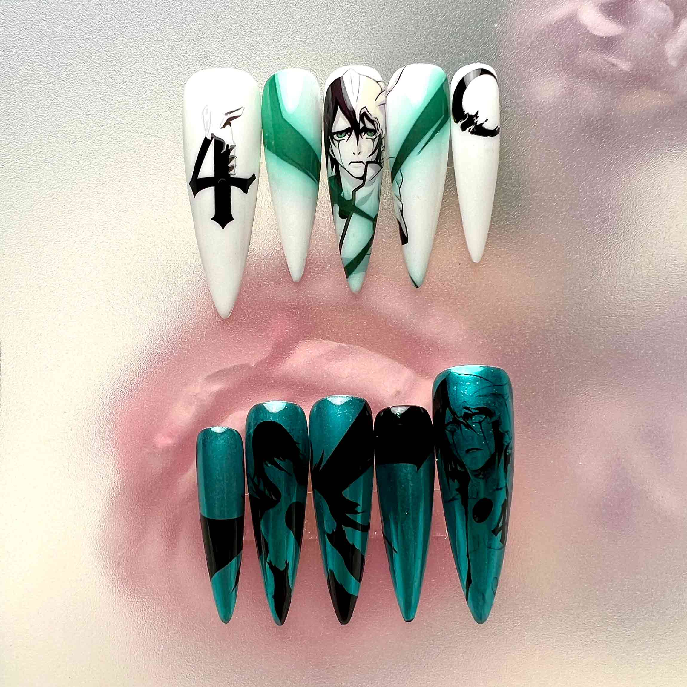 Ulquiorra Cifer Nails – Bleach Anime Press-On Set, Teal Chrome &amp; Espada 4 Gothic Design | Dragonnail