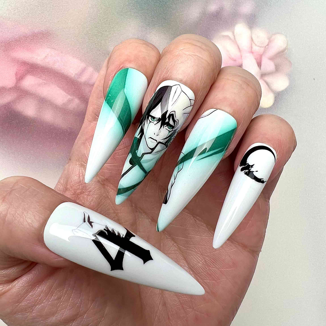 Ulquiorra Cifer Nails – Bleach Anime Press-On Set, Teal Chrome &amp; Espada 4 Gothic Design | Dragonnail