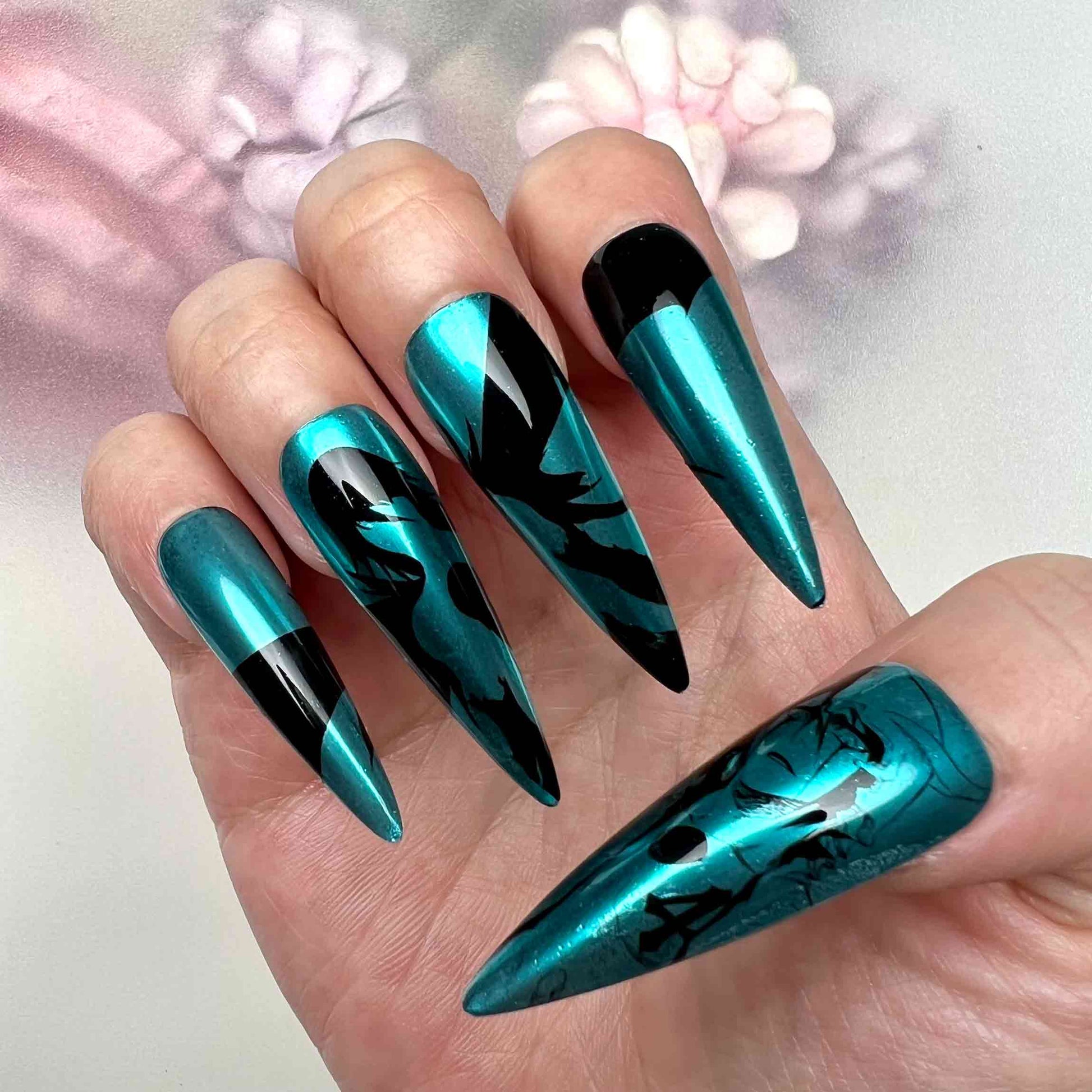 Ulquiorra Cifer Nails – Bleach Anime Press-On Set, Teal Chrome &amp; Espada 4 Gothic Design | Dragonnail