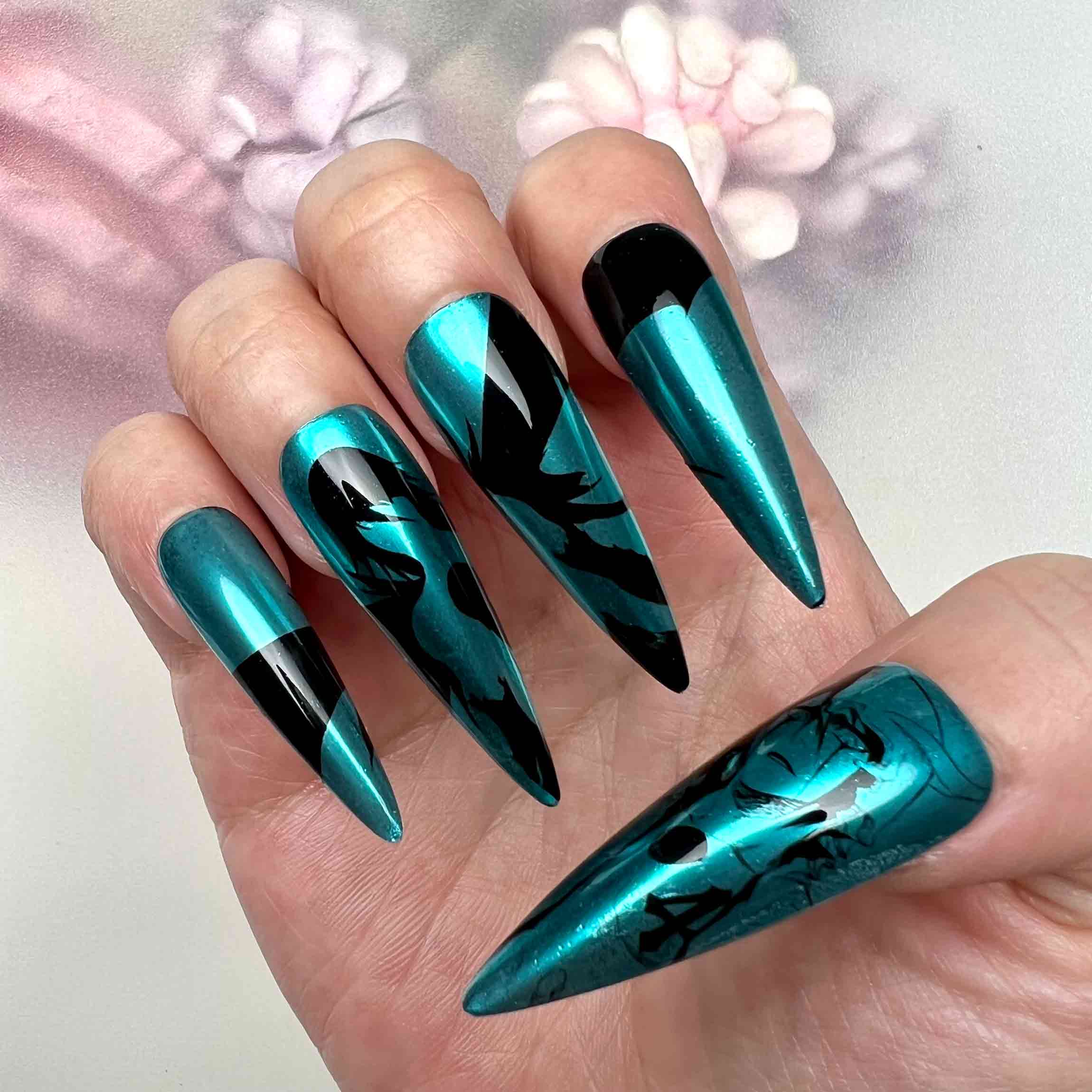 Ulquiorra Cifer Nails – Bleach Anime Press-On Set, Teal Chrome &amp; Espada 4 Gothic Design | Dragonnail