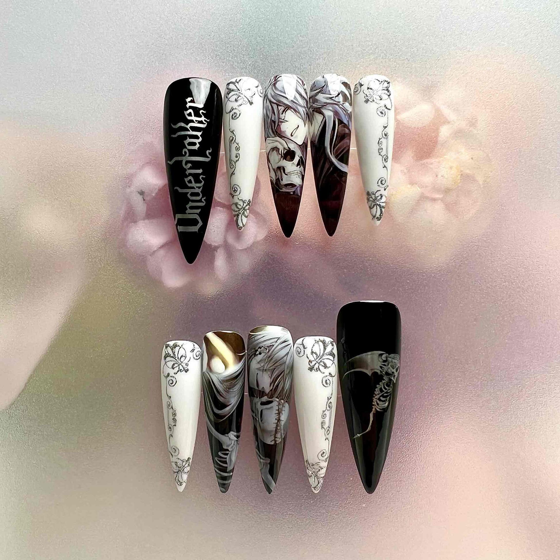 Undertaker Nails – Black Butler Press-On Set, Gothic Skull &amp; Scrollwork Monochrome Anime Design | Dragonnail