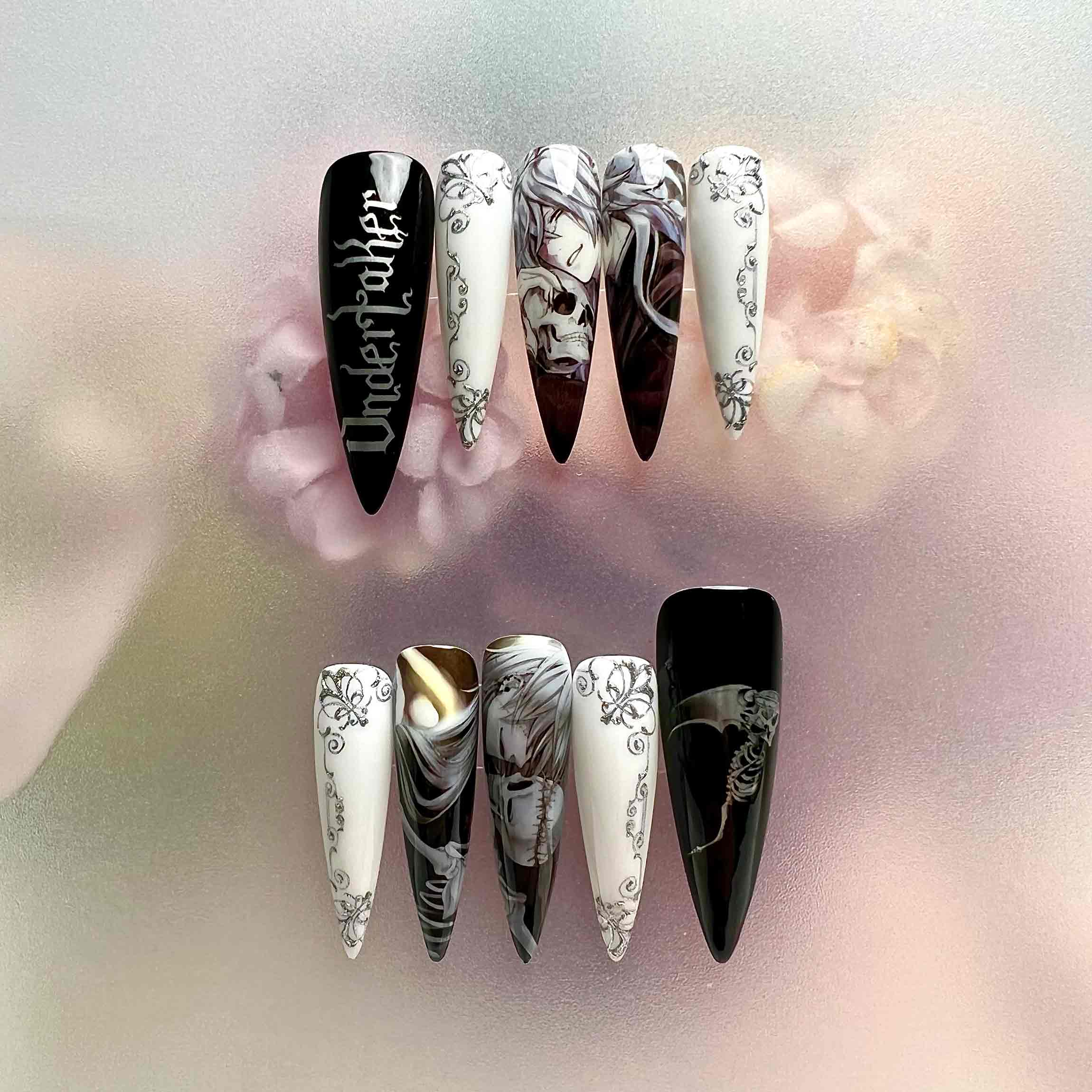 Undertaker Nails – Black Butler Press-On Set, Gothic Skull &amp; Scrollwork Monochrome Anime Design | Dragonnail