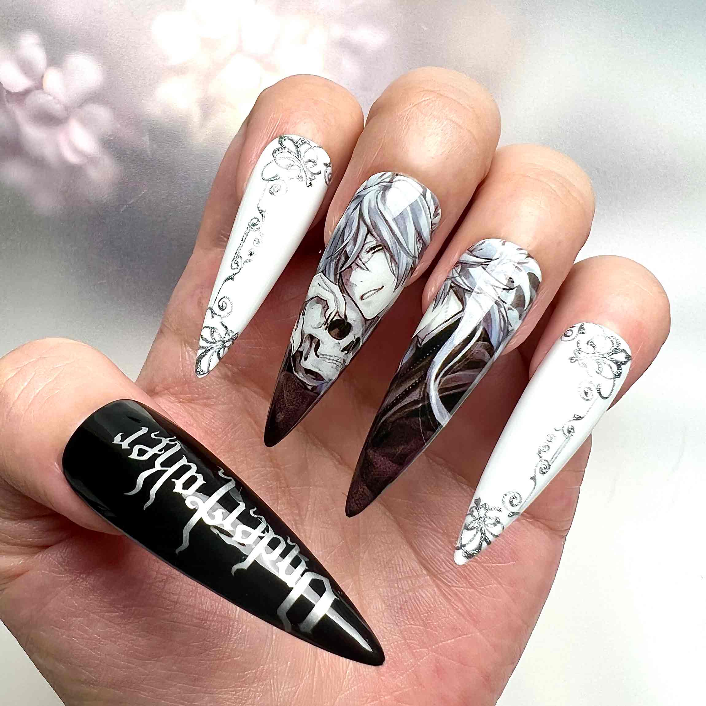 Undertaker Nails – Black Butler Press-On Set, Gothic Skull &amp; Scrollwork Monochrome Anime Design | Dragonnail