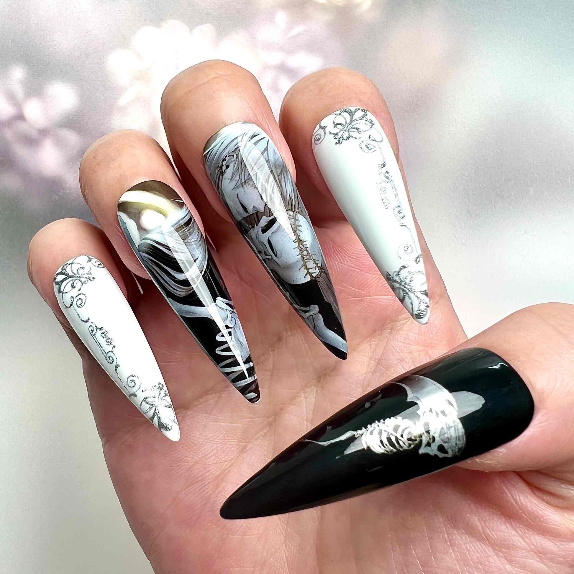 Undertaker Nails – Black Butler Press-On Set, Gothic Skull &amp; Scrollwork Monochrome Anime Design | Dragonnail