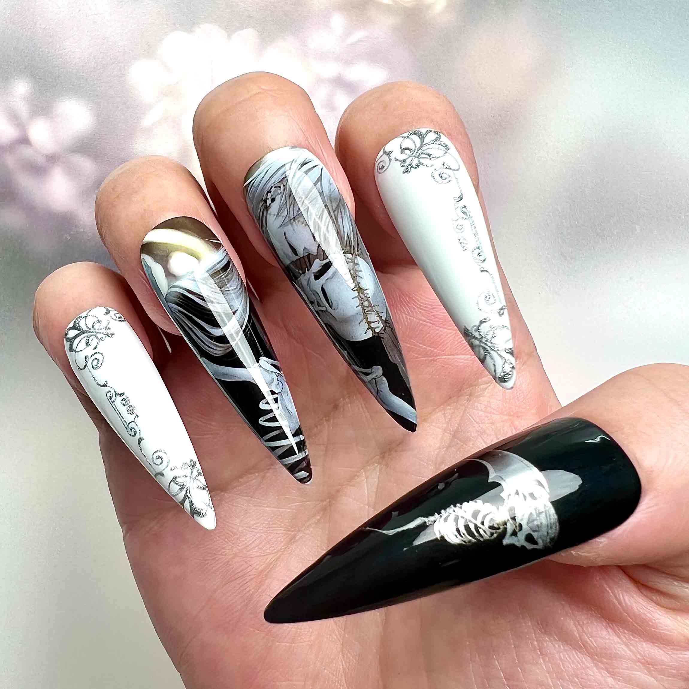 Undertaker Nails – Black Butler Press-On Set, Gothic Skull &amp; Scrollwork Monochrome Anime Design | Dragonnail