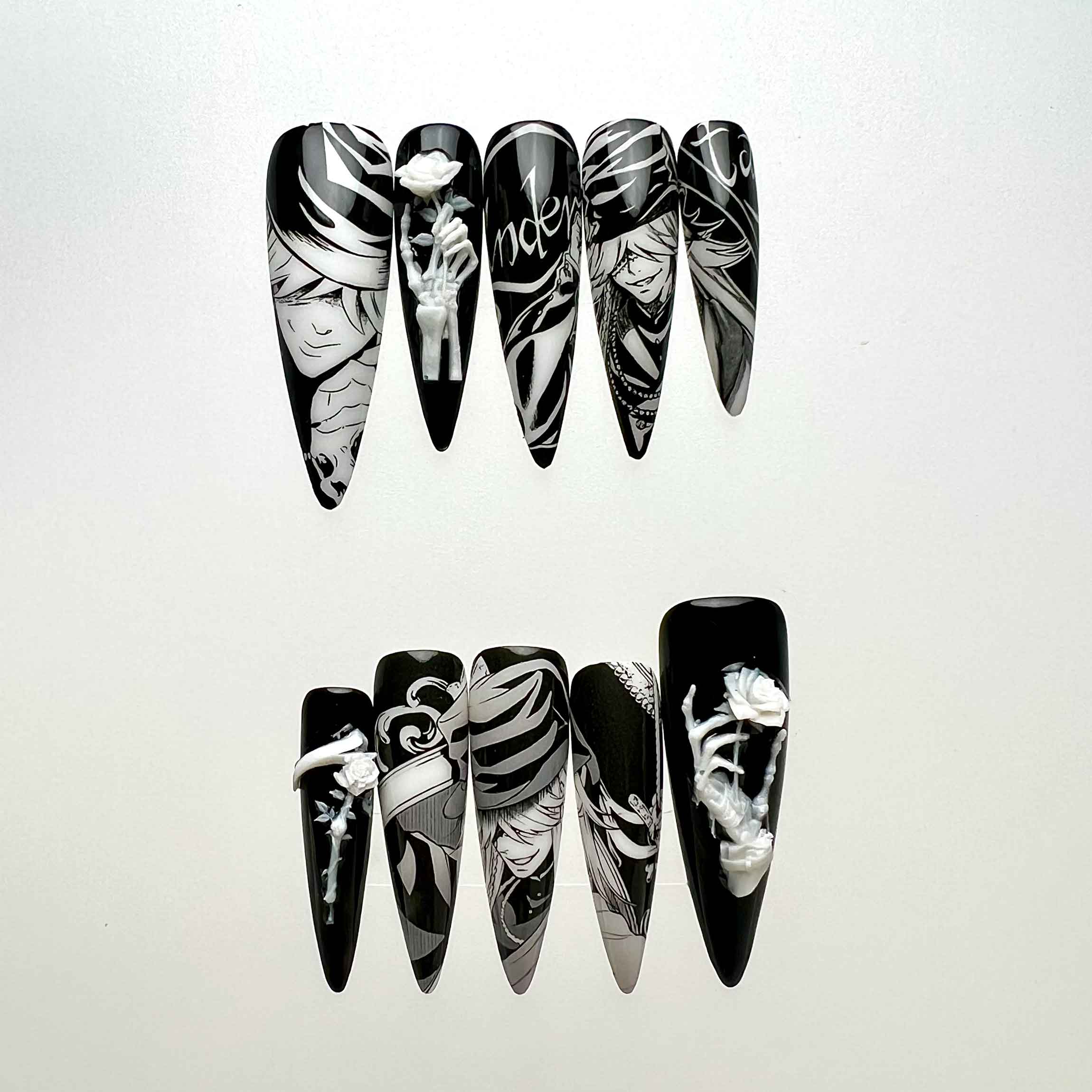 Undertaker Nails – Black Butler Press-On Nail Set, Gothic Skeleton Rose Edition | Dragonnail
