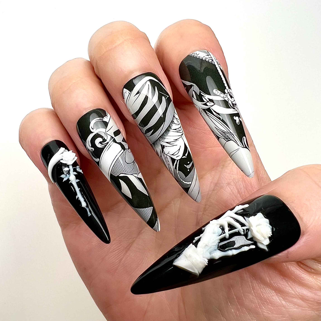 Undertaker Nails – Black Butler Press-On Nail Set, Gothic Skeleton Rose Edition | Dragonnail