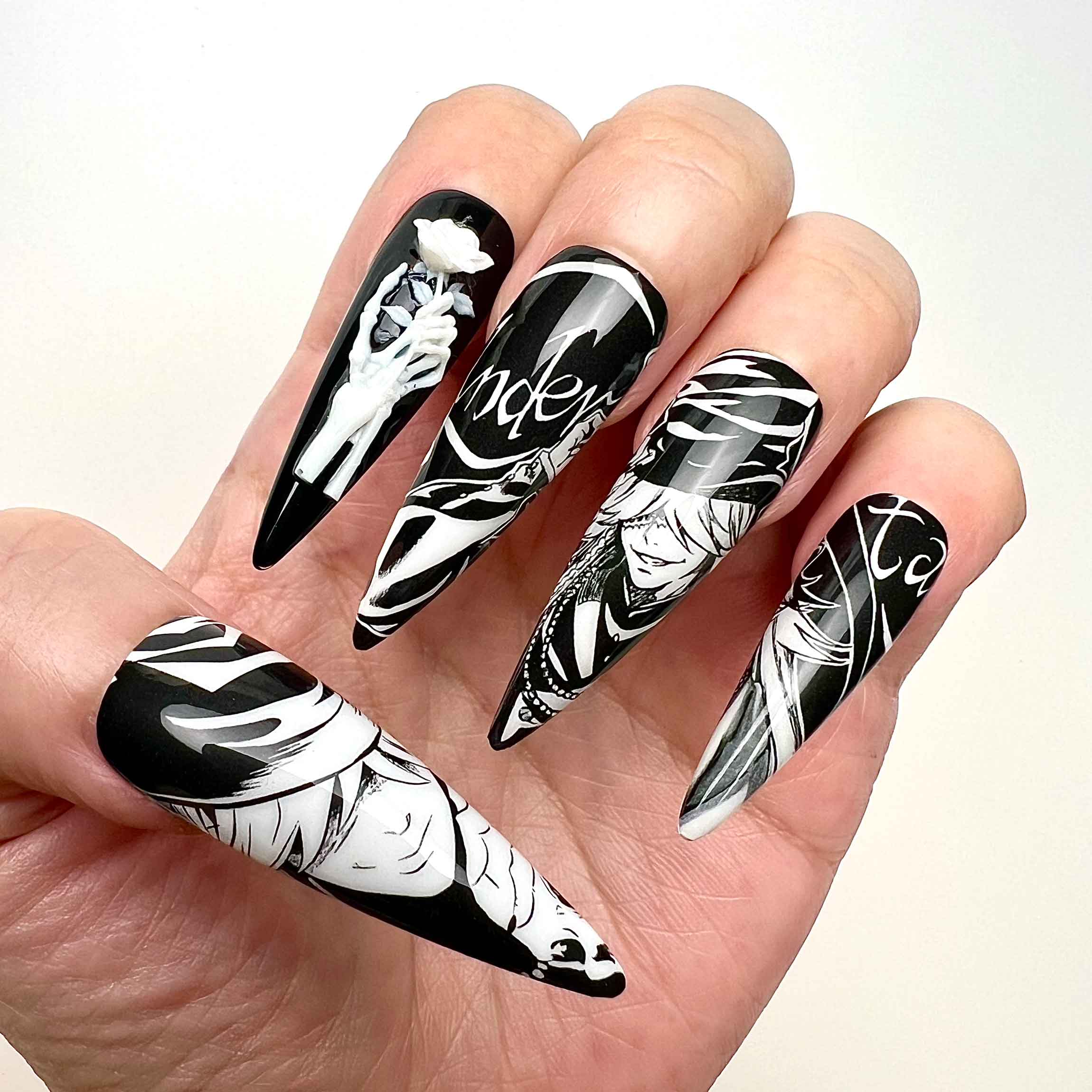 Undertaker Nails – Black Butler Press-On Nail Set, Gothic Skeleton Rose Edition | Dragonnail