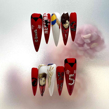 Haikyuu!! Nails – Kuroo &amp; Kenma Press-On Set, Nekoma Red 3D Text Anime Design | Dragonnail