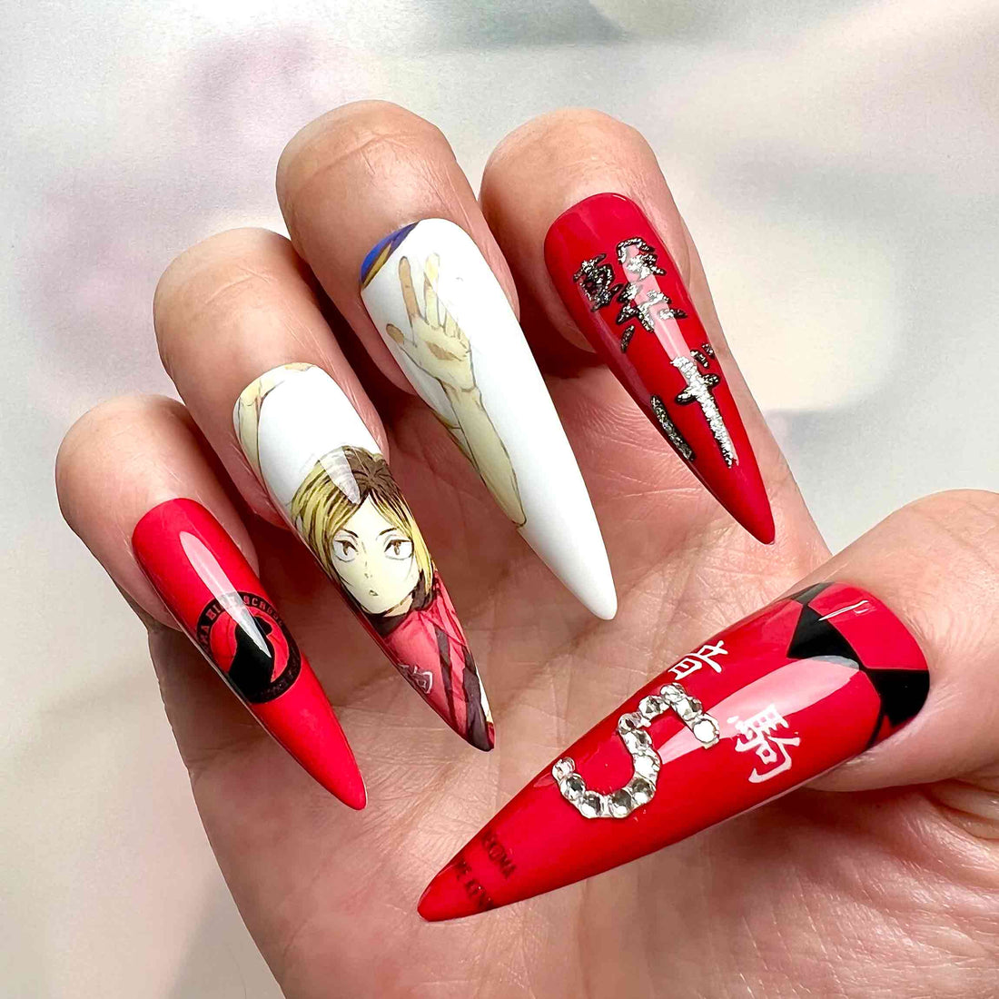 Haikyuu!! Nails – Kuroo &amp; Kenma Press-On Set, Nekoma Red 3D Text Anime Design | Dragonnail