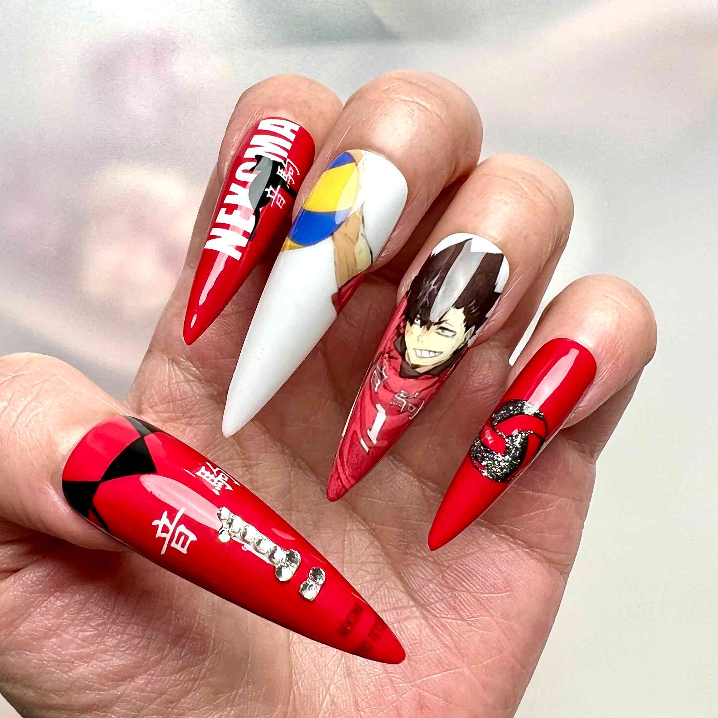 Haikyuu!! Nails – Kuroo &amp; Kenma Press-On Set, Nekoma Red 3D Text Anime Design | Dragonnail