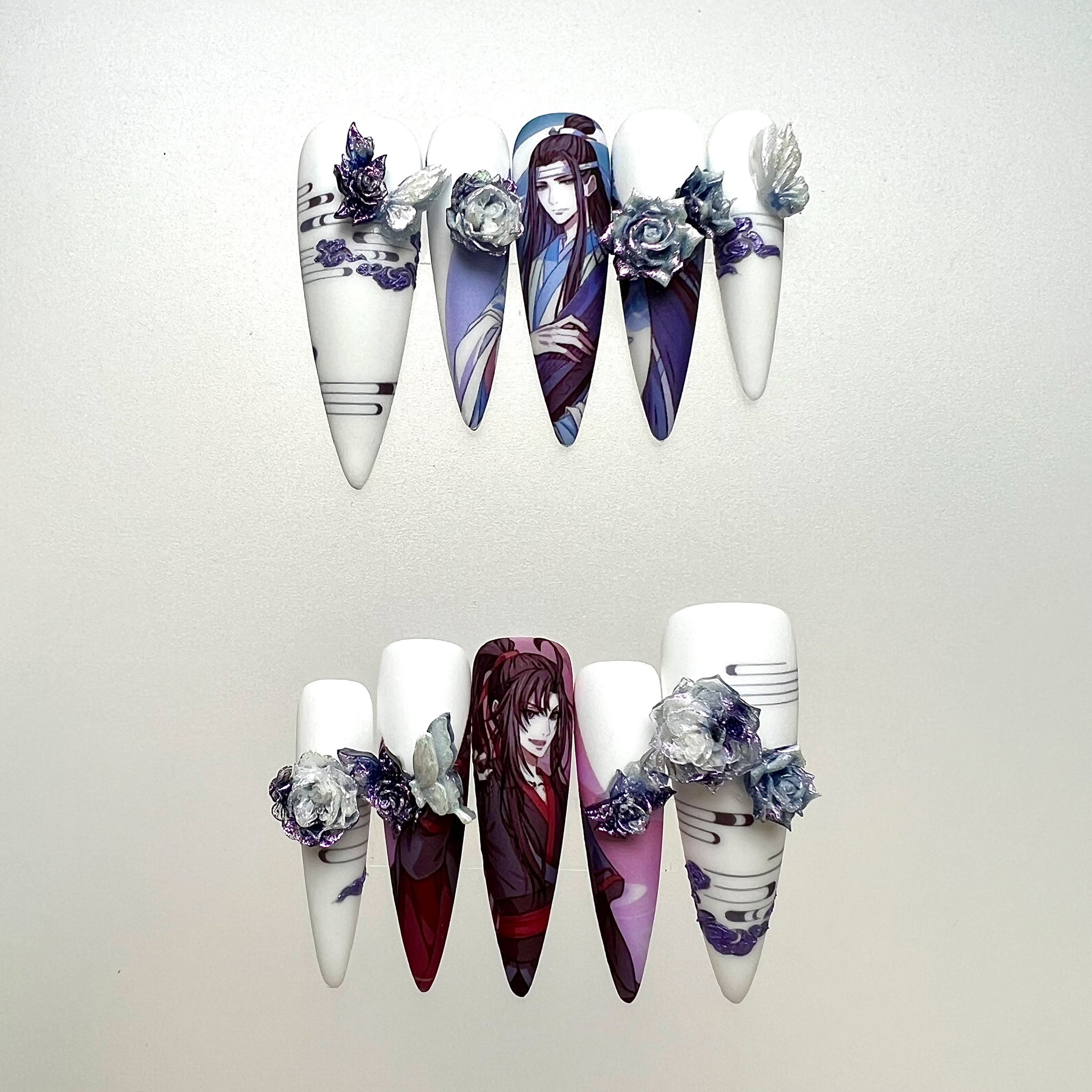 Mo Dao Zu Shi Nails – Wei Wuxian &amp; Lan Wangji Press-On Set, 3D Rose &amp; Butterfly "WangXian" Donghua Design | Dragonnail