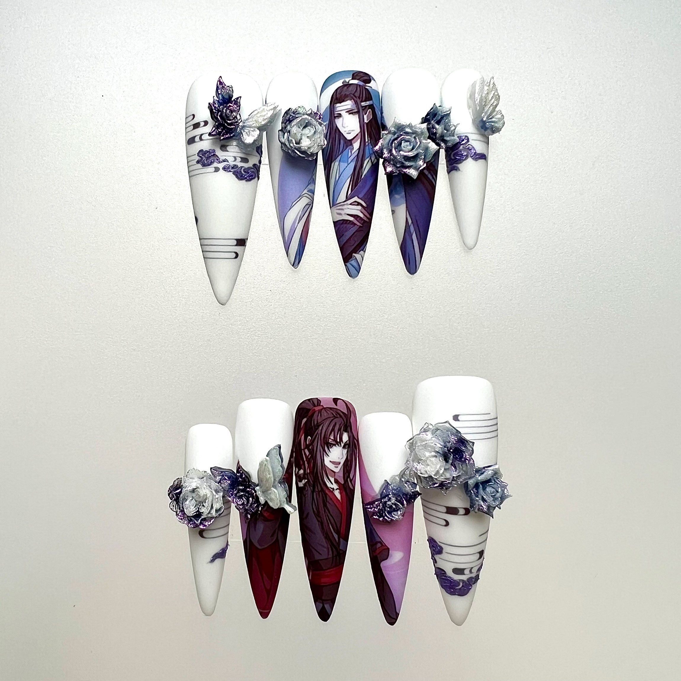 Mo Dao Zu Shi Nails – Wei Wuxian &amp; Lan Wangji Press-On Set, 3D Rose &amp; Butterfly "WangXian" Donghua Design | Dragonnail