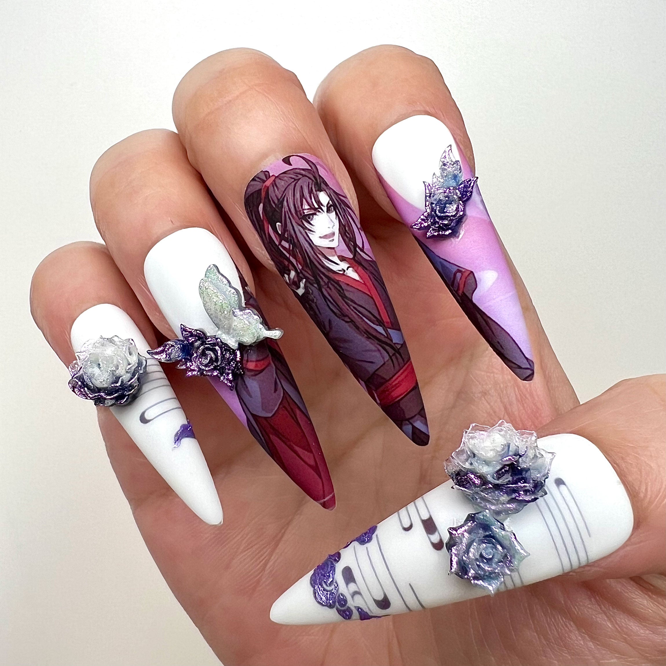 Mo Dao Zu Shi Nails – Wei Wuxian &amp; Lan Wangji Press-On Set, 3D Rose &amp; Butterfly "WangXian" Donghua Design | Dragonnail