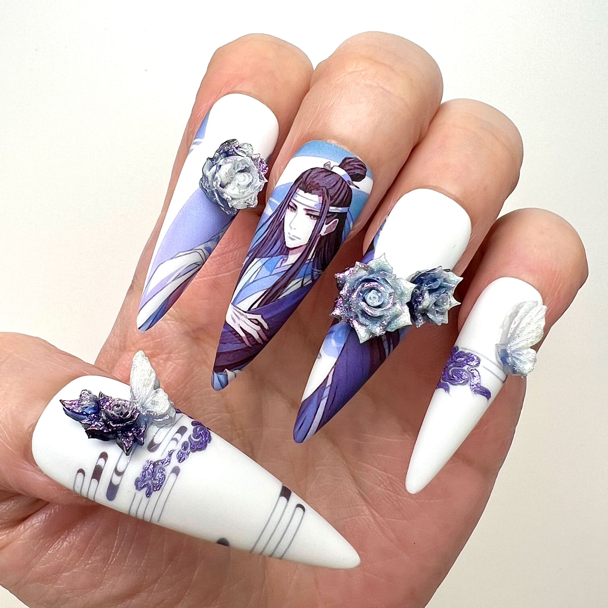 Mo Dao Zu Shi Nails – Wei Wuxian &amp; Lan Wangji Press-On Set, 3D Rose &amp; Butterfly "WangXian" Donghua Design | Dragonnail