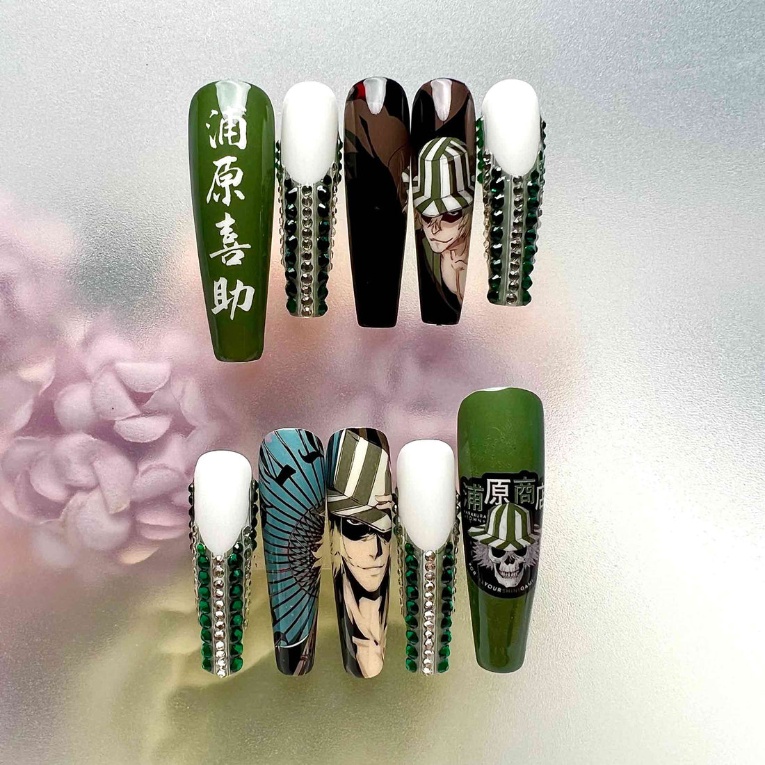 Kisuke Urahara Nails – Bleach Anime Press-On Set, 3D Green Gem &amp; Store Owner Design | Dragonnail