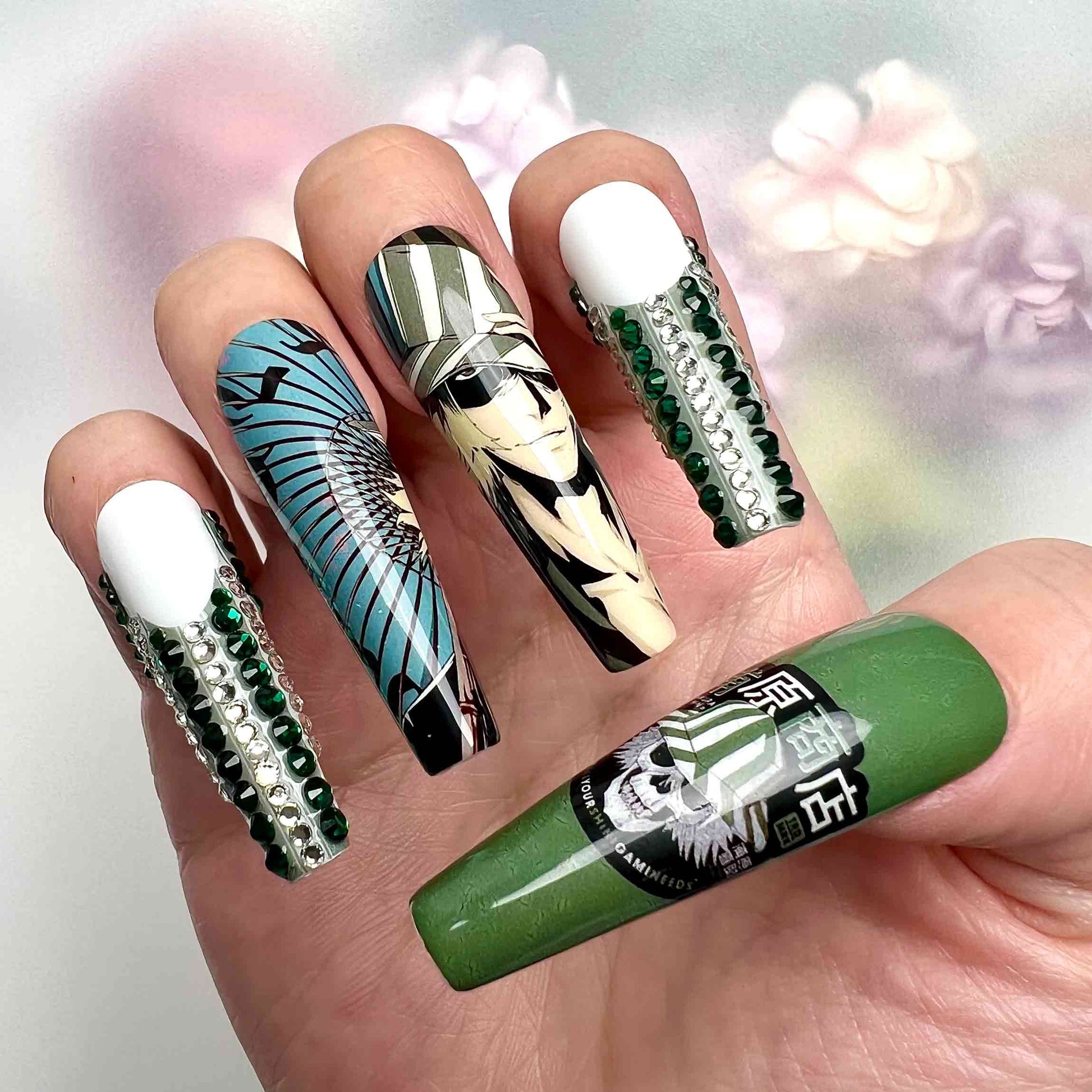 Kisuke Urahara Nails – Bleach Anime Press-On Set, 3D Green Gem &amp; Store Owner Design | Dragonnail