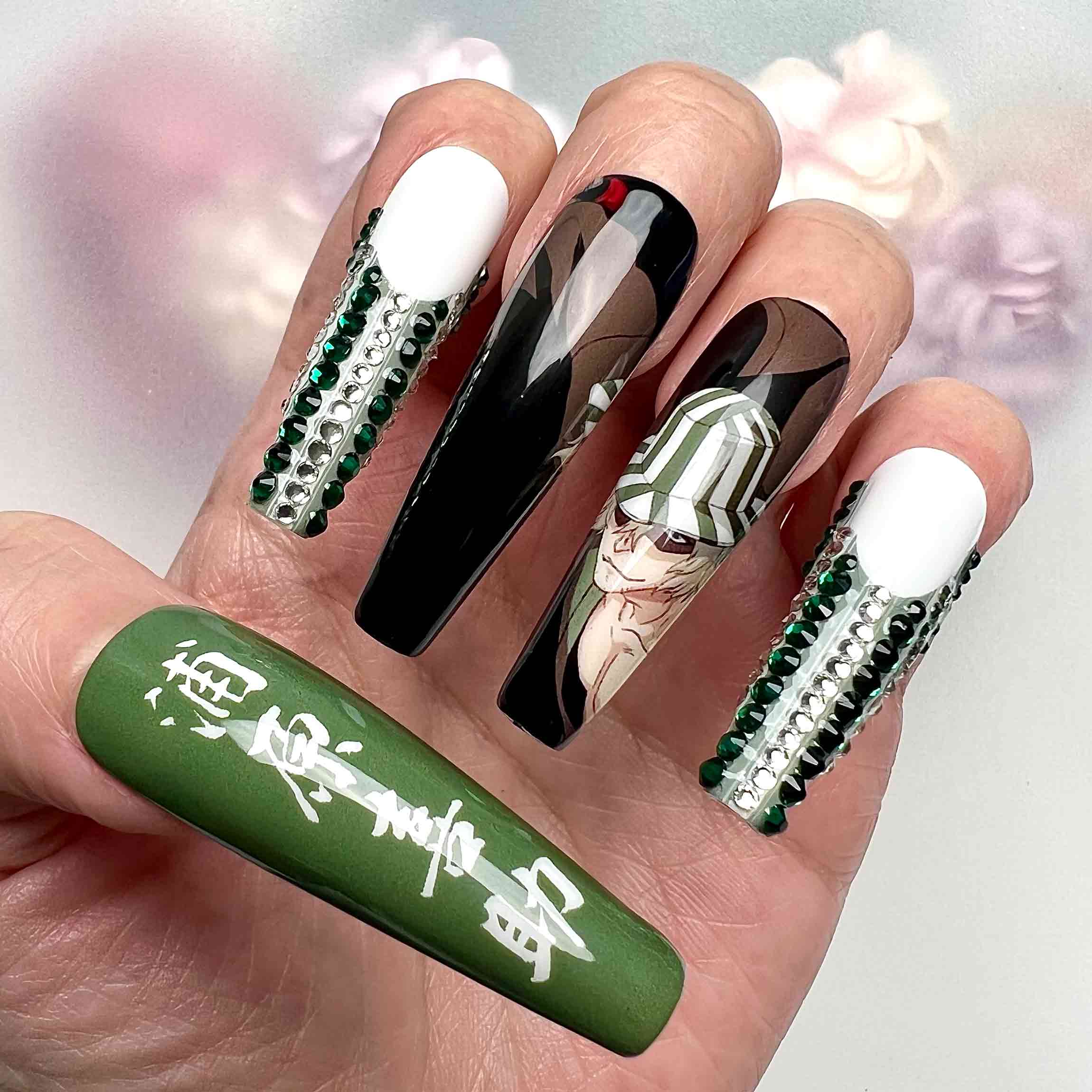Kisuke Urahara Nails – Bleach Anime Press-On Set, 3D Green Gem &amp; Store Owner Design | Dragonnail