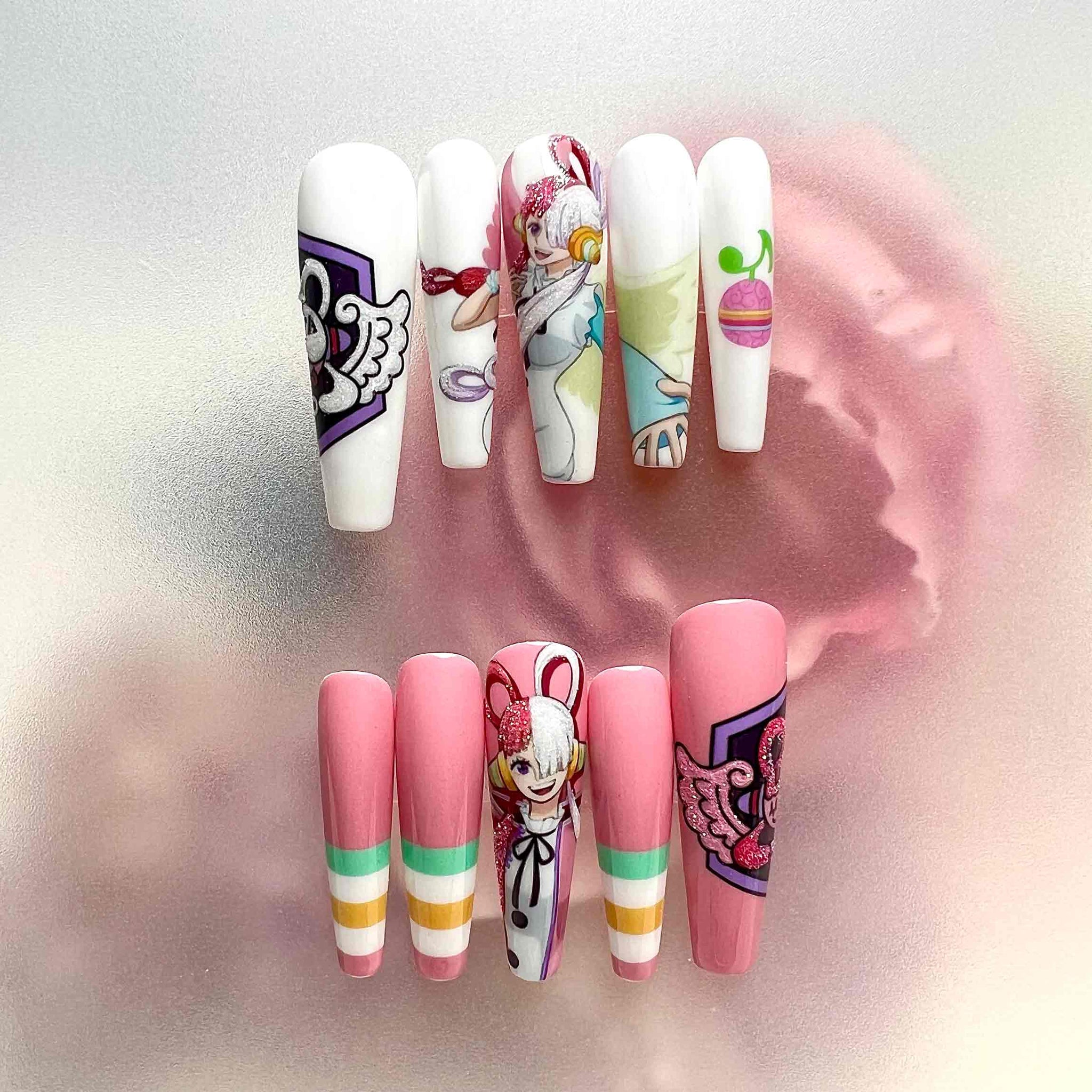 Uta Nails – One Piece Film: Red Press-On Set, Pink &amp; White Split Diva Anime Design | Dragonnail