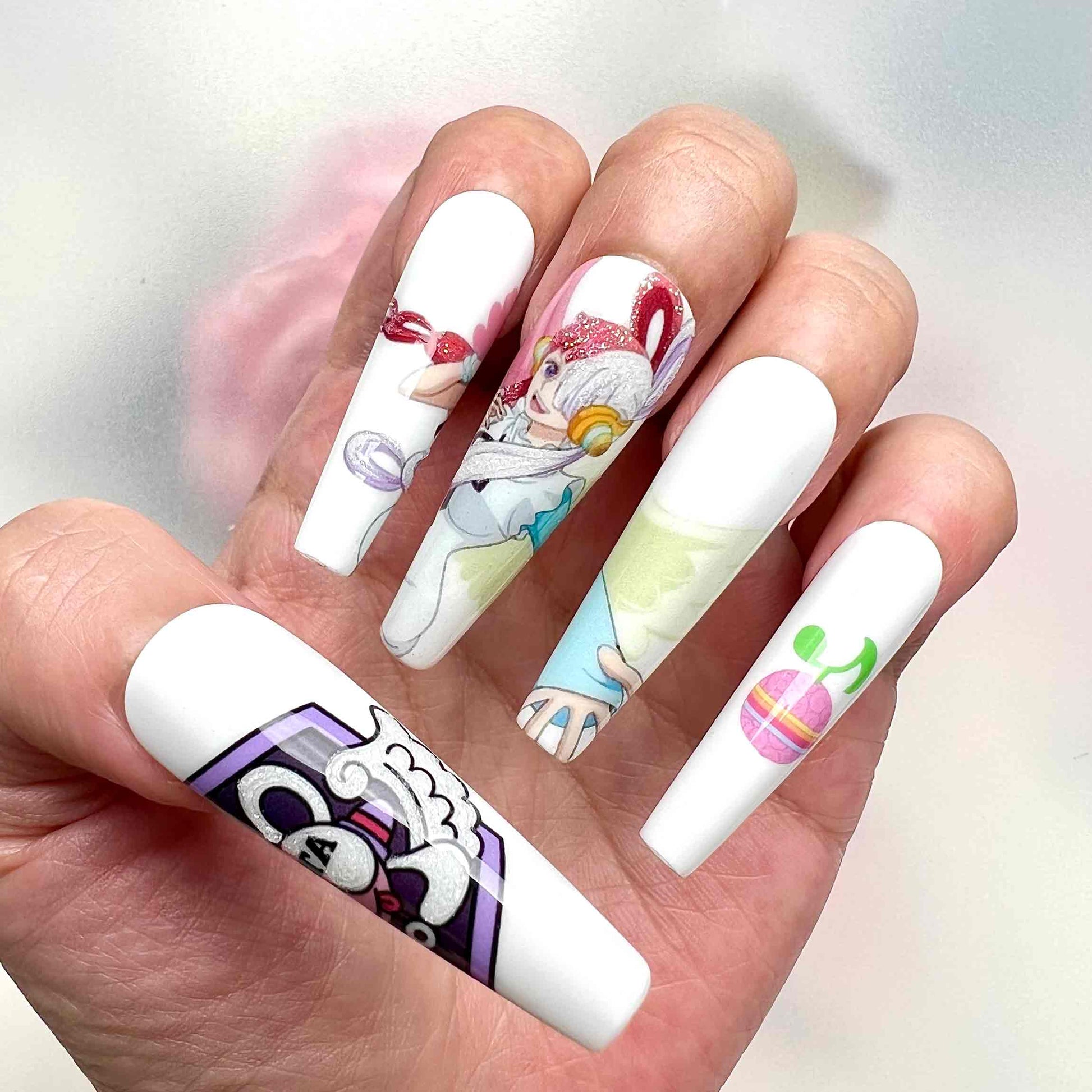 Uta Nails – One Piece Film: Red Press-On Set, Pink &amp; White Split Diva Anime Design | Dragonnail