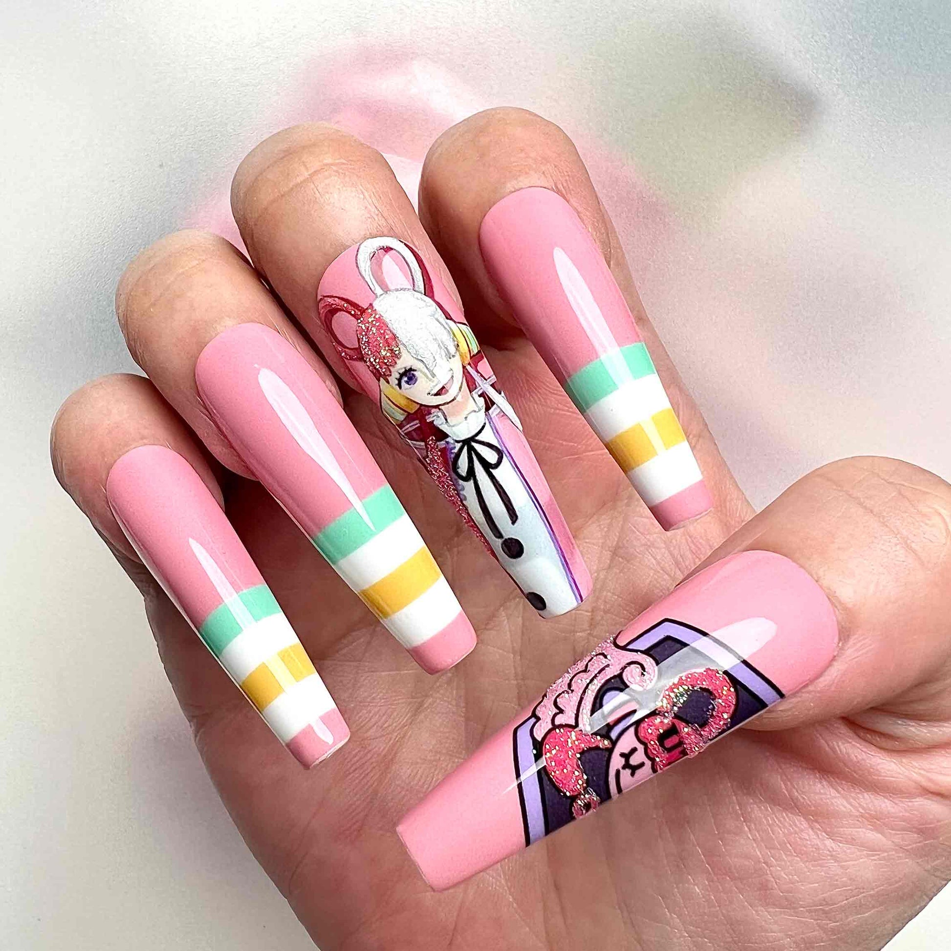 Uta Nails – One Piece Film: Red Press-On Set, Pink &amp; White Split Diva Anime Design | Dragonnail