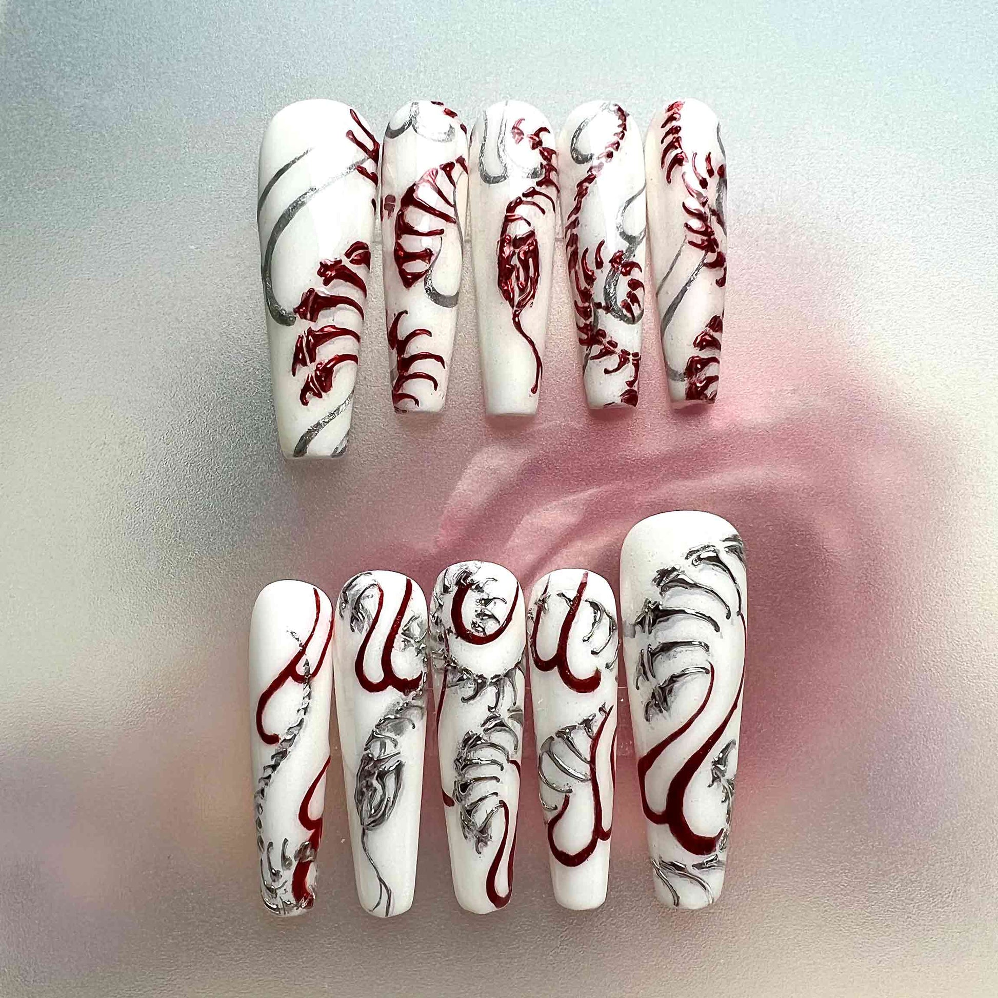 Gothic Skeleton Nails – White Press-On Set, 3D Silver &amp; Red Blood Line-Art Design | Dragonnail