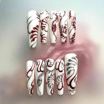 Gothic Skeleton Nails – White Press-On Set, 3D Silver &amp; Red Blood Line-Art Design | Dragonnail
