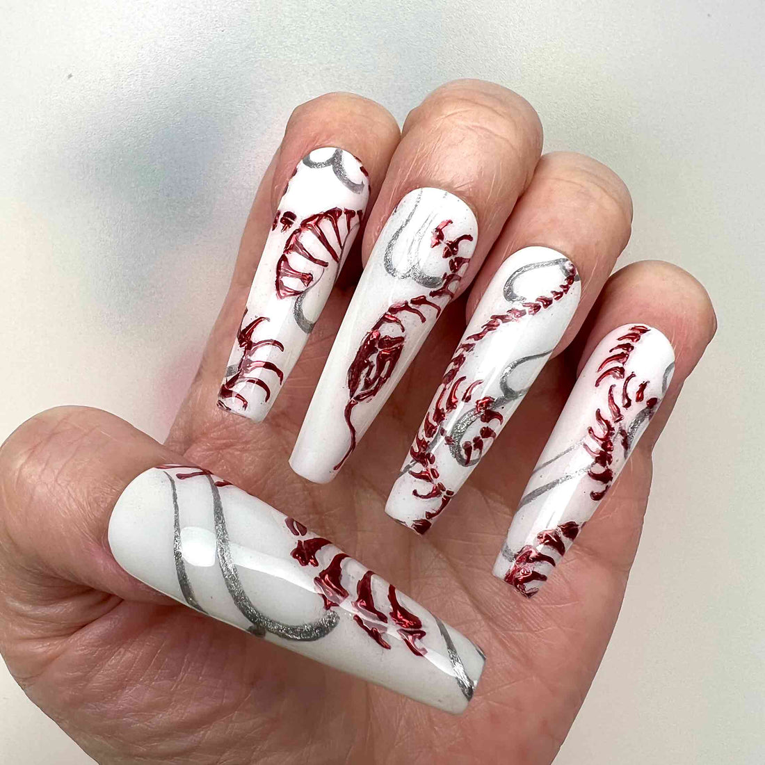 Gothic Skeleton Nails – White Press-On Set, 3D Silver &amp; Red Blood Line-Art Design | Dragonnail