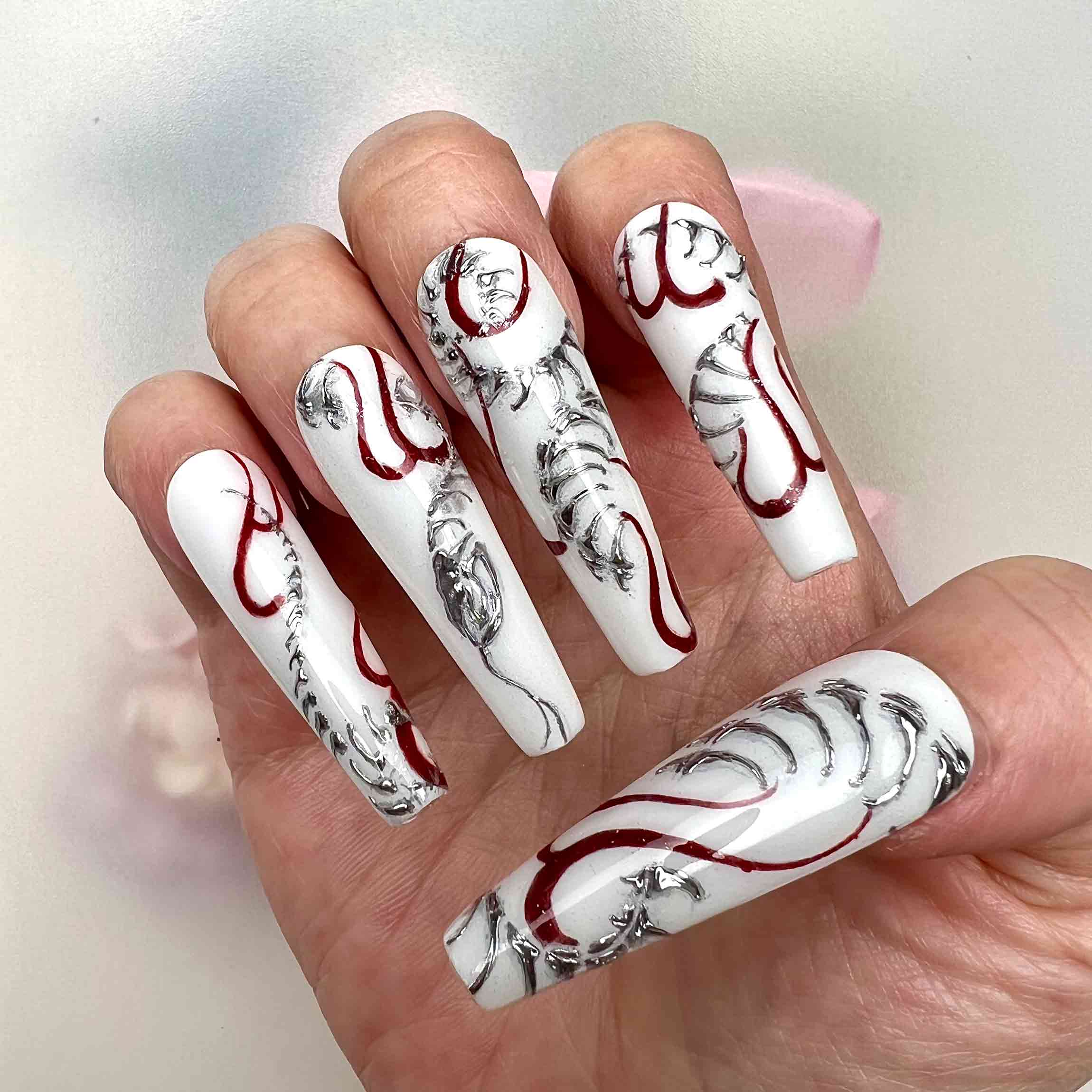 Gothic Skeleton Nails – White Press-On Set, 3D Silver &amp; Red Blood Line-Art Design | Dragonnail