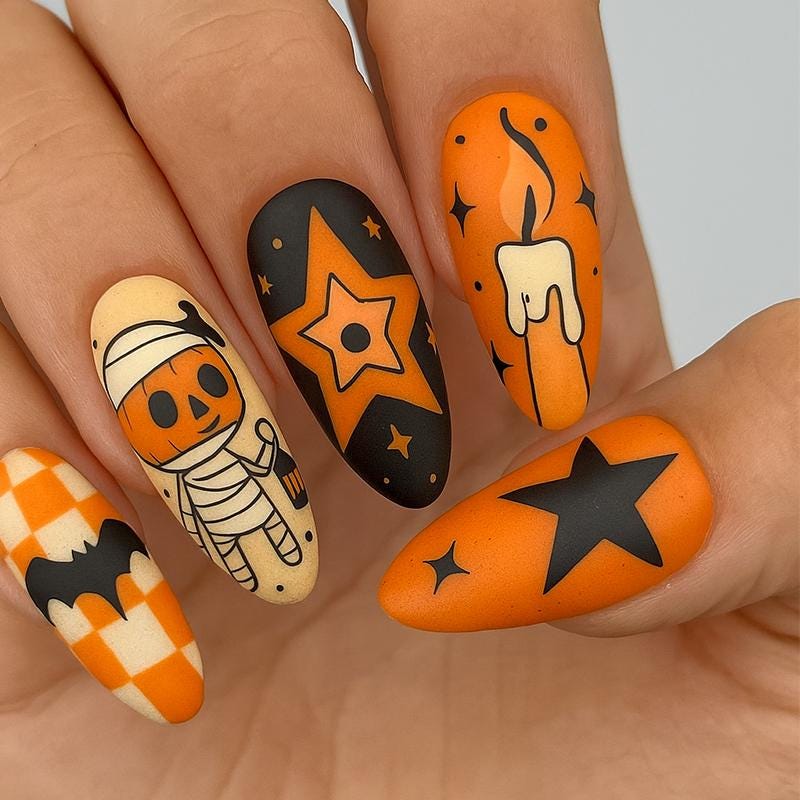 Vintage Halloween Mummy Press On Nails Pumpkin Lantern Nail Art Mystical Halloween Nail Art Fall Nails Dragonnail